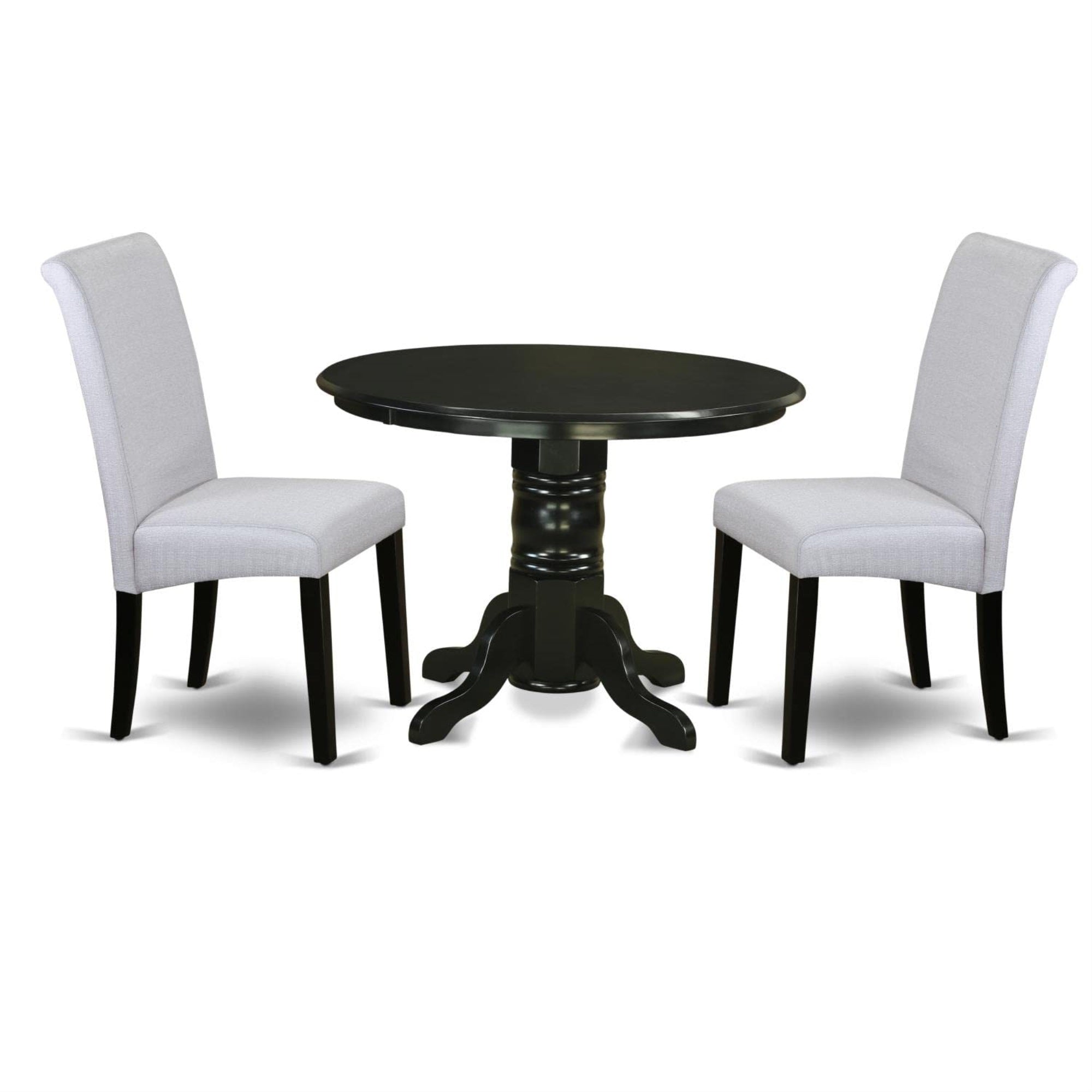 Casafoyer Shba3-Blk-05 3 Piece Kitchen Set Contains A Round Room Table With Pedestal And 2 Grey Linen Fabric Parson Dining Chairs, 42X42 Inch