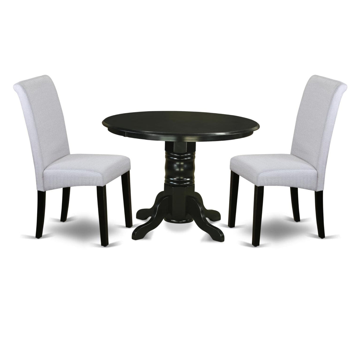Casafoyer Shba3-Blk-05 3 Piece Kitchen Set Contains A Round Room Table With Pedestal And 2 Grey Linen Fabric Parson Dining Chairs, 42X42 Inch