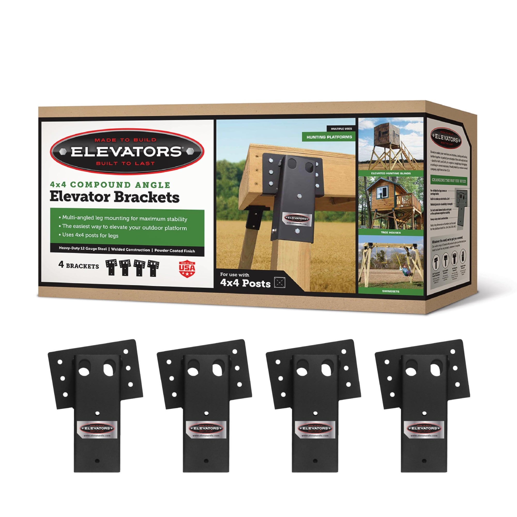 Elevators 4X4 Elevator Brackets, Double Angled Construction-Grade Steel, Ideal For Hunting Stands, Tree Houses, Decks, And More, 4-Pack