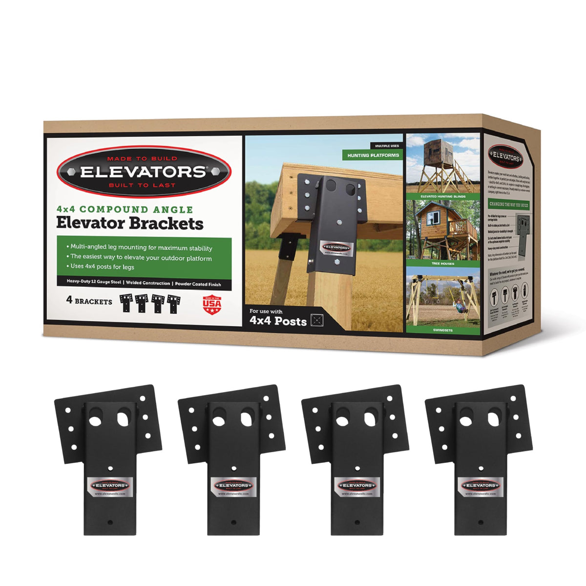 Elevators 4X4 Elevator Brackets, Double Angled Construction-Grade Steel, Ideal For Hunting Stands, Tree Houses, Decks, And More, 4-Pack