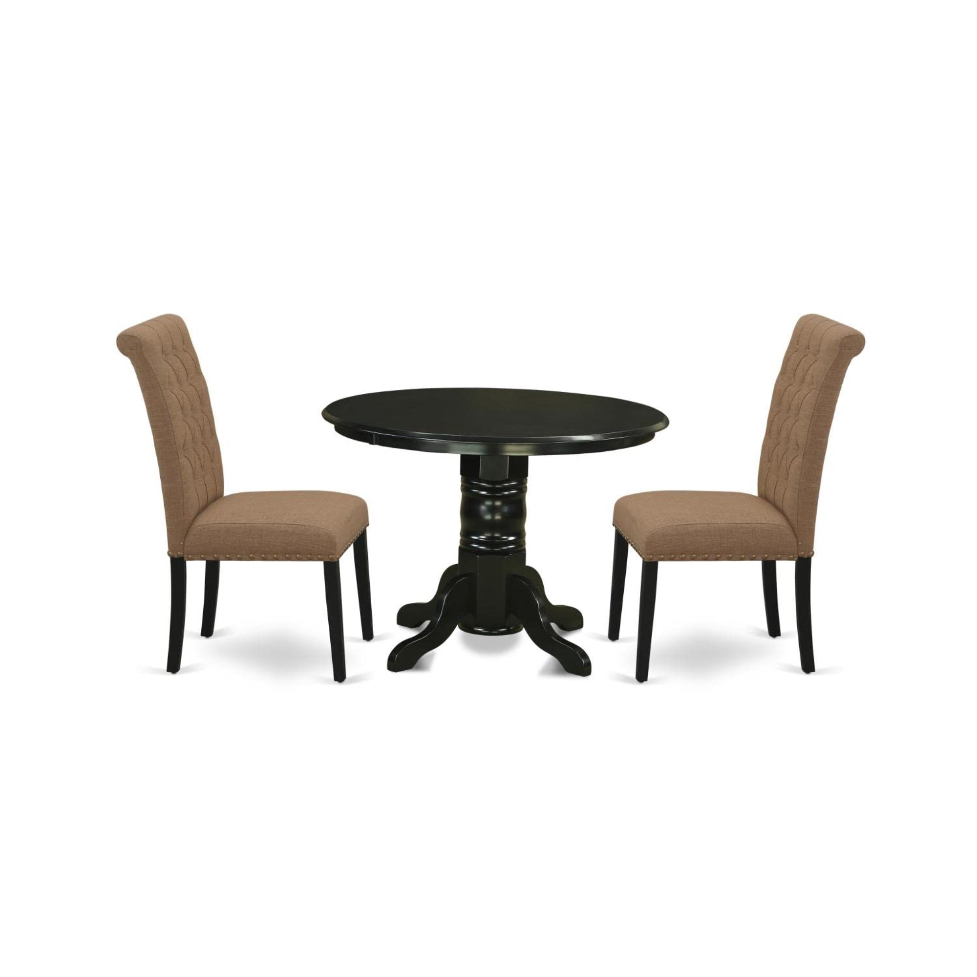 Casafoyer Shbr3-Blk-17 3 Piece Dining Table Set Contains A Round Dining Room Table With Pedestal And 2 Light Sable Linen Fabric Upholstered Chairs, 42X42 Inch, Black