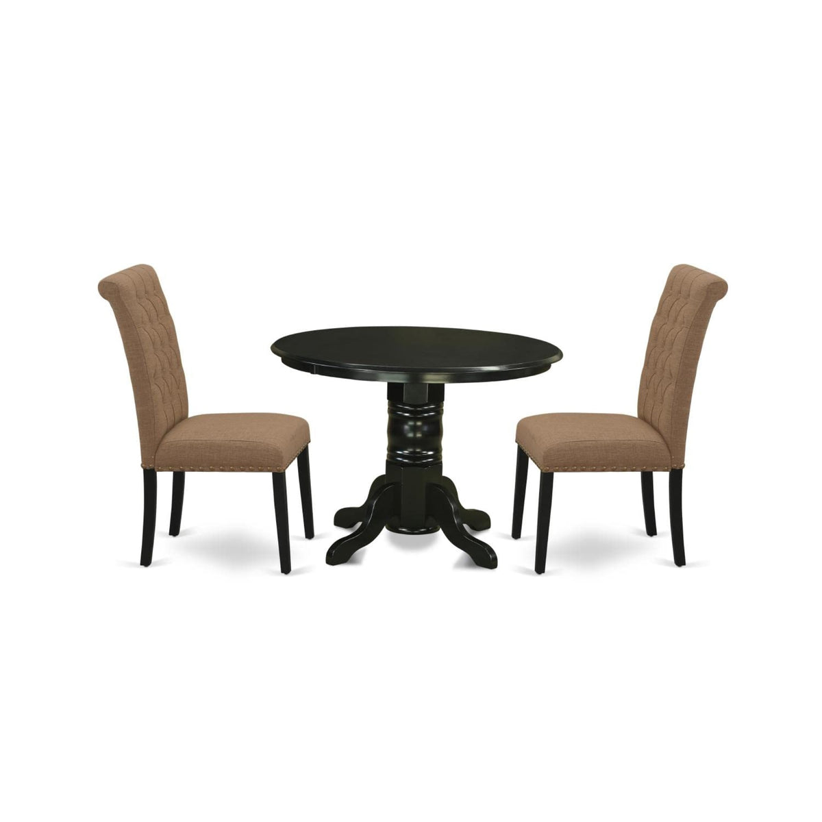 Casafoyer Shbr3-Blk-17 3 Piece Dining Table Set Contains A Round Dining Room Table With Pedestal And 2 Light Sable Linen Fabric Upholstered Chairs, 42X42 Inch, Black
