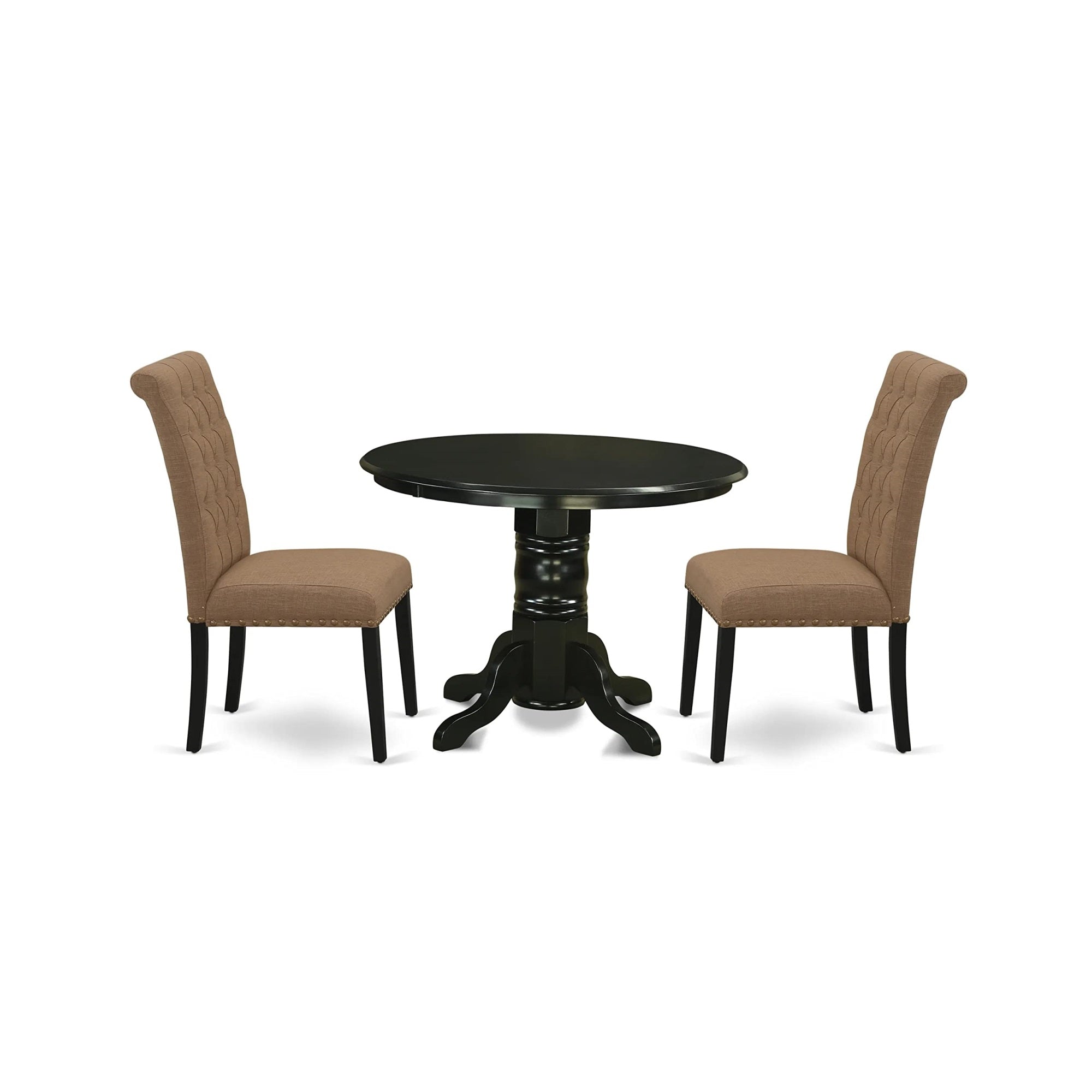 East West Furniture Shbr3-Blk-17 3 Piece Set Contains A Round Dining Room Table With Pedestal And 2 Light Sable Linen Fabric Upholstered Chairs, 42X42 Inch
