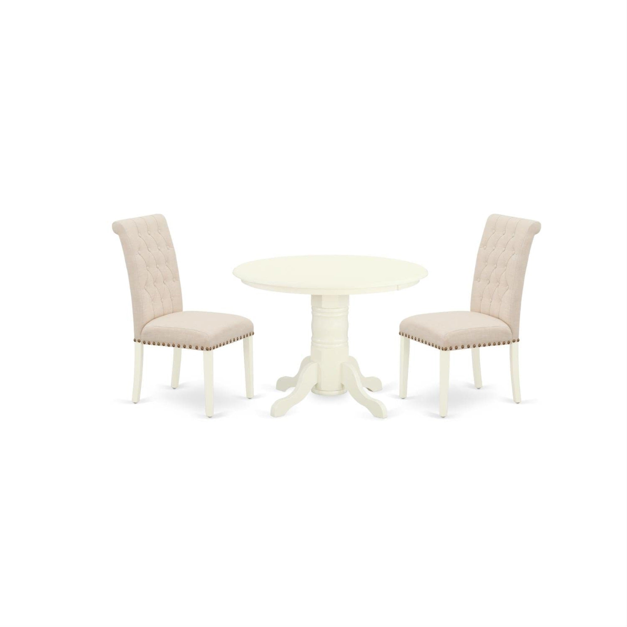 Casafoyer Shbr3-Whi-02 3 Piece Room Set Contains A Round Kitchen Table With Pedestal And 2 Light Beige Linen Fabric Parson Dining Chairs, 42X42 Inch