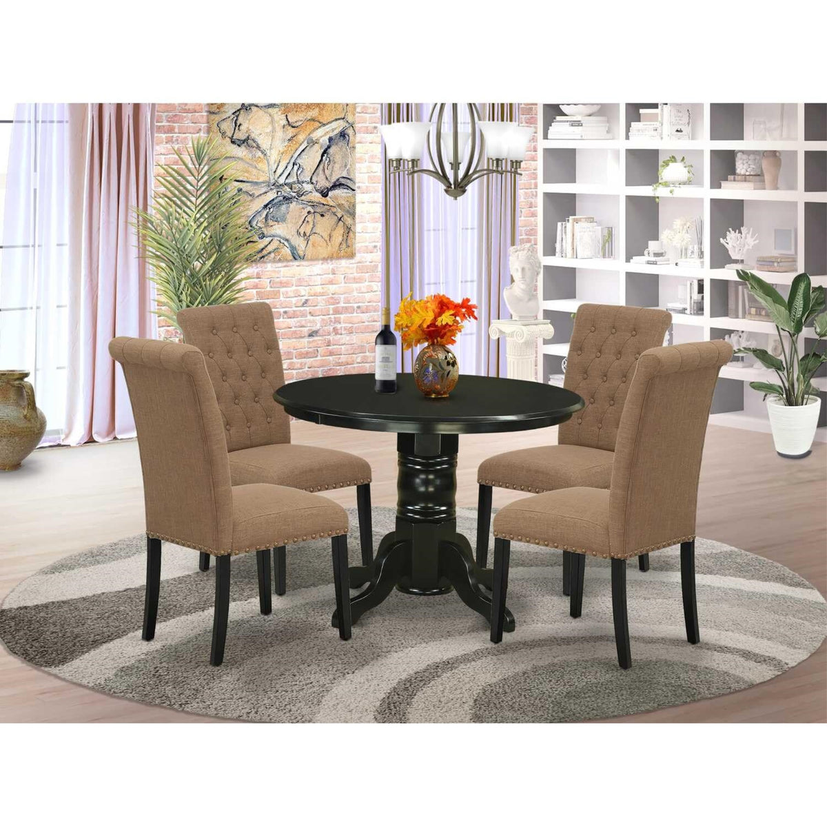 Casafoyer Shbr5-Blk-17 5 Piece Room Furniture Set Includes A Round Kitchen Table With Pedestal And 4 Light Sable Linen Fabric Parson Dining Chairs, 42X42 Inch