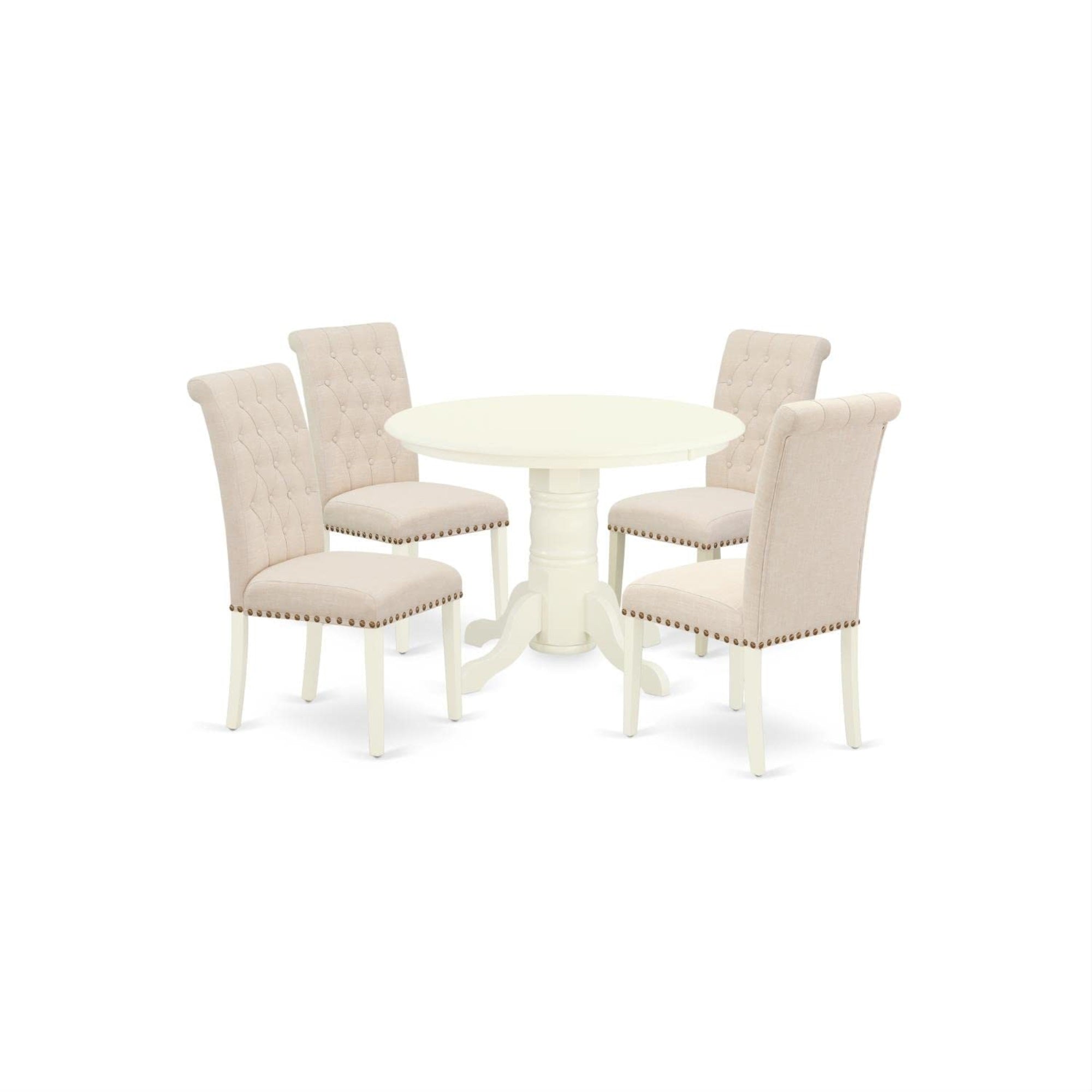 Casafoyer Shbr5-Whi-02 5 Piece Room Set Includes A Round Kitchen Table With Pedestal And 4 Light Beige Linen Fabric Parson Dining Chairs, 42X42 Inch