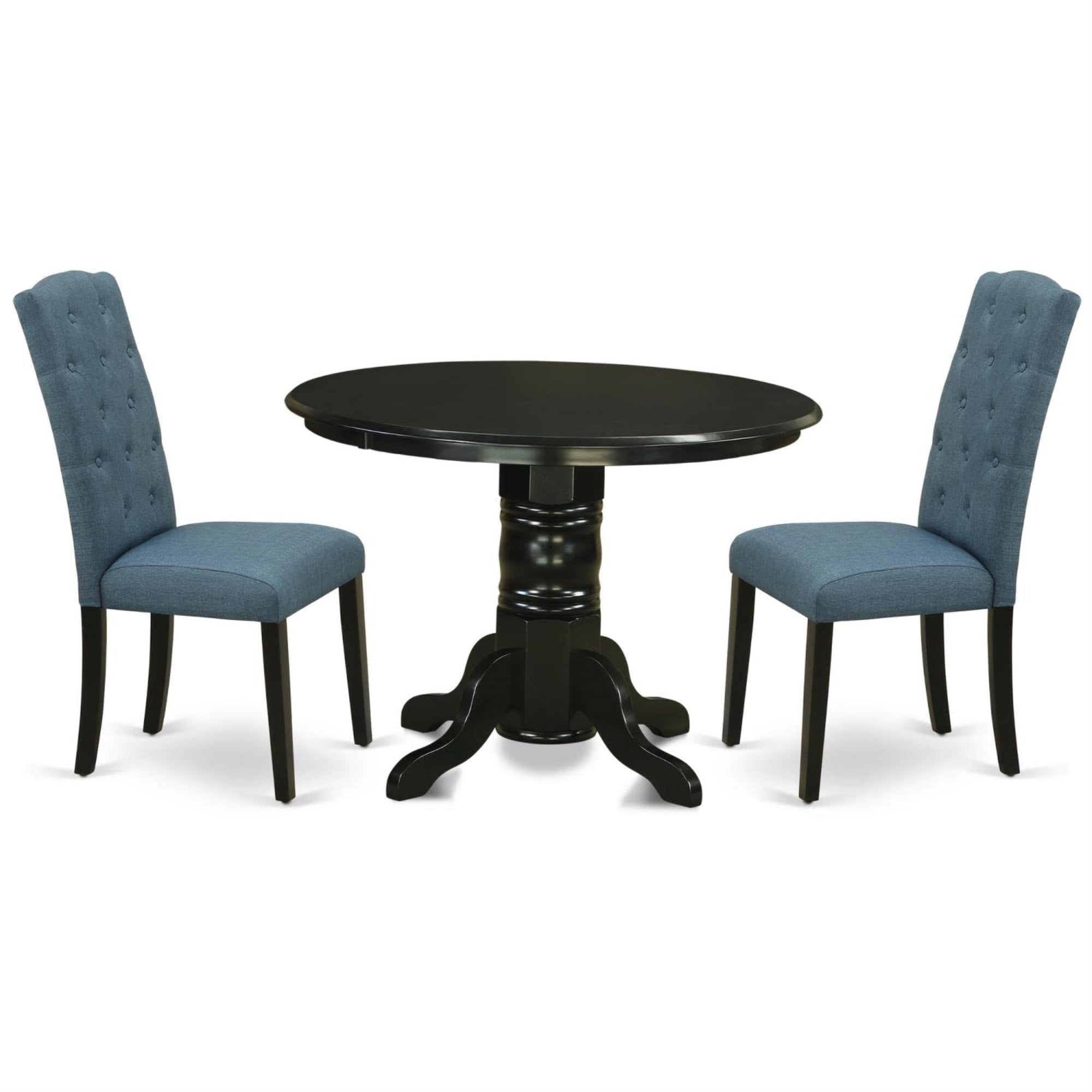 Casafoyer Shce3-Blk-21 3 Piece Modern Set Contains A Round Kitchen Table With Pedestal And 2 Mineral Blue Linen Fabric Parson Dining Chairs, 42X42 Inch