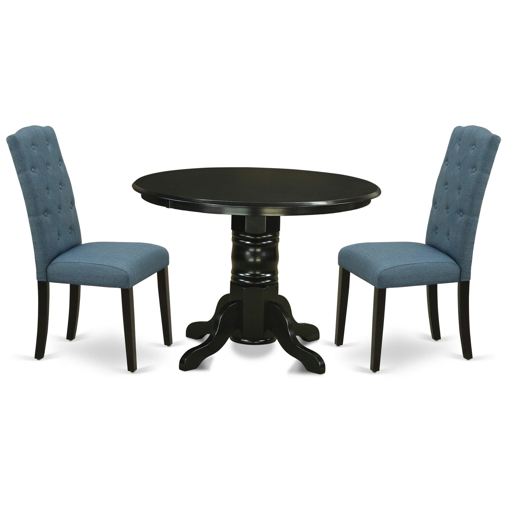 East West Furniture Shce3-Blk-21 3 Piece Modern Set Contains A Round Kitchen Table With Pedestal And 2 Mineral Blue Linen Fabric Parson Dining Chairs, 42X42 Inch
