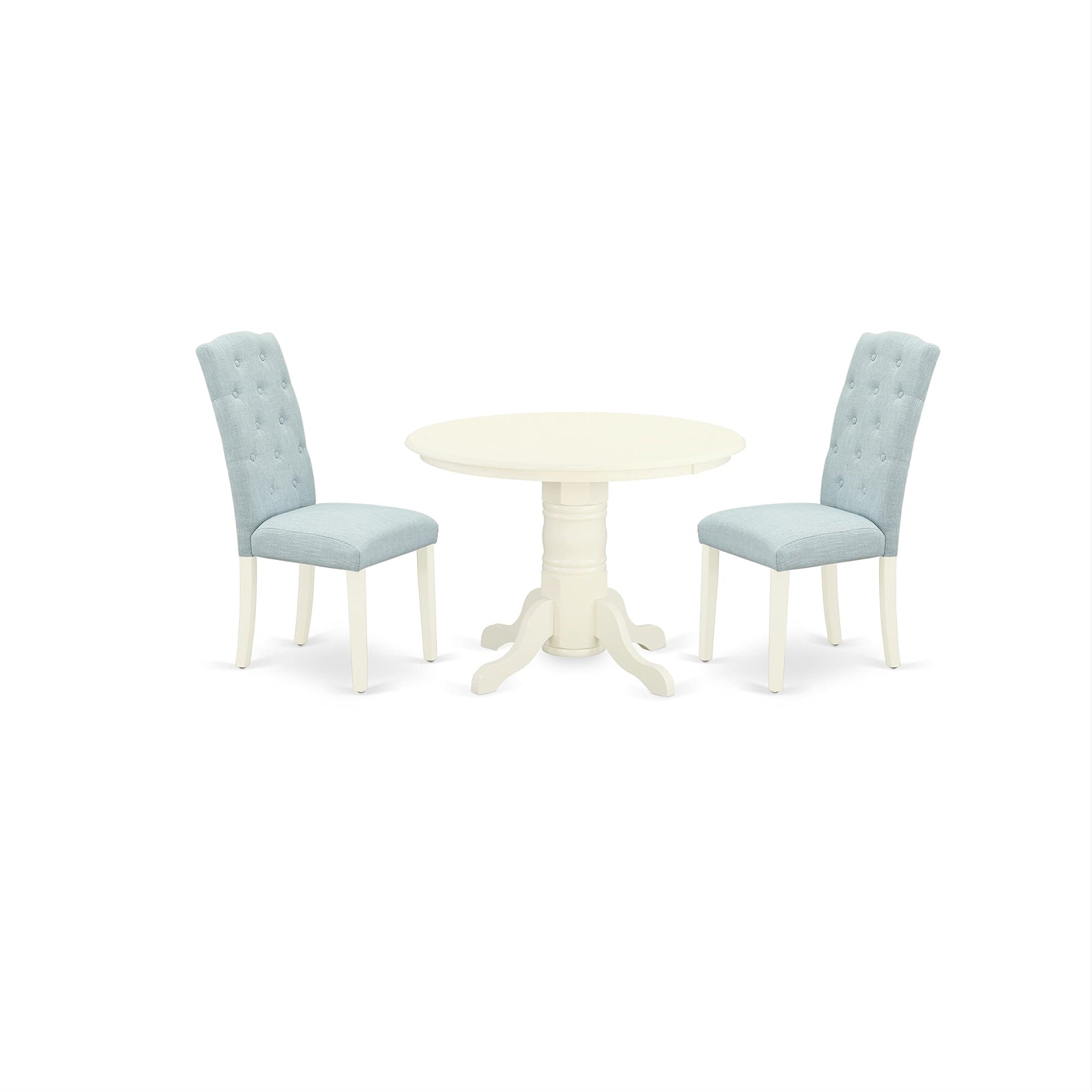 East West Furniture Shce3-Whi-15 3 Piece Dining Set Contains A Round Kitchen Table With Pedestal And 2 Baby Blue Linen Fabric Upholstered Chairs, 42X42 Inch