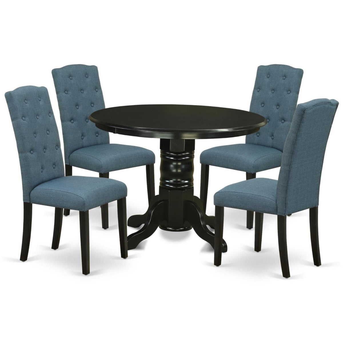 Casafoyer Shce5-Blk-21 5 Piece Dinette Set For 4 Includes A Round Kitchen Table With Pedestal And 4 Mineral Blue Linen Fabric Parson Dining Chairs, 42X42 Inch, Black