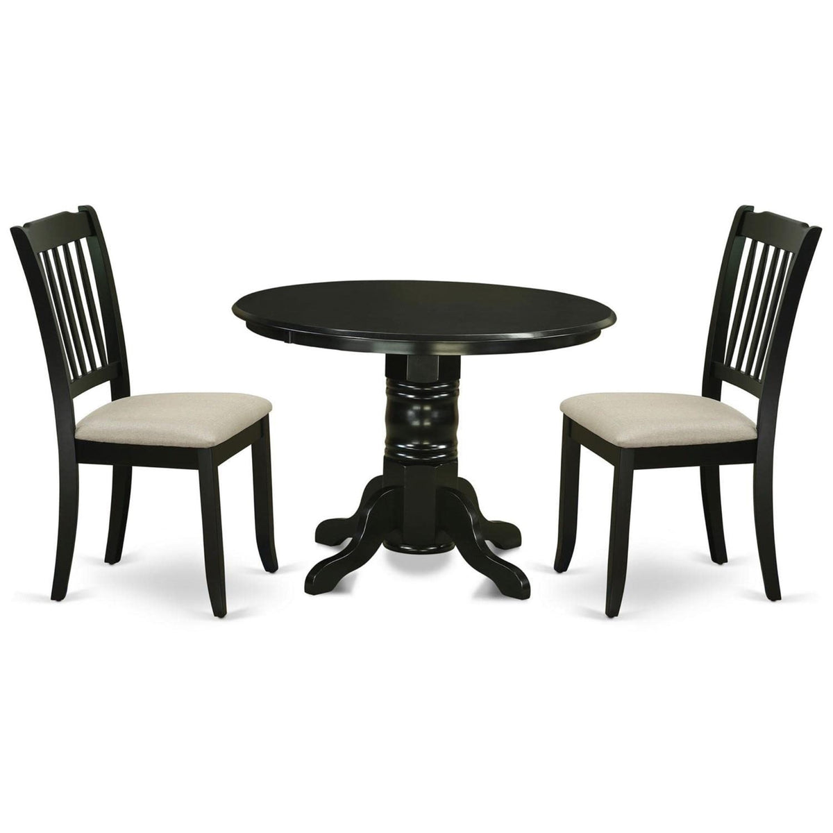 Casafoyer Shda3-Blk-C 3 Piece Set For Small Spaces Contains A Round Table With Pedestal And 2 Linen Fabric Kitchen Dining Chairs, 42X42 Inch