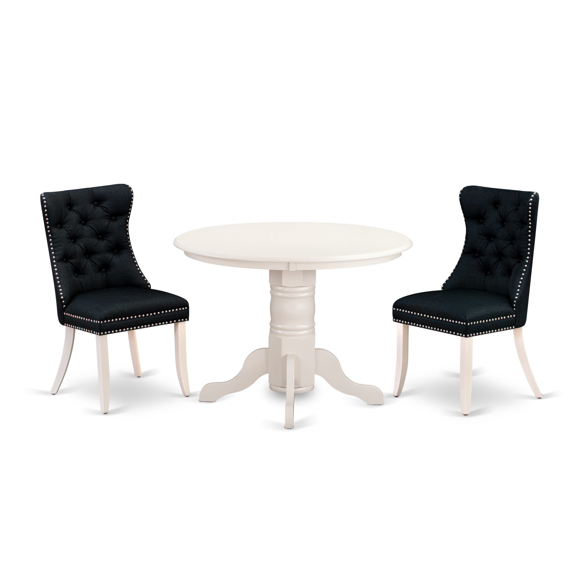 East West Furniture Shda3-Whi-24 3 Piece Dining Room Furniture Set Includes A Round Wooden Table With Pedestal And 2 Padded Chairs, 42X42 Inch, Linen White