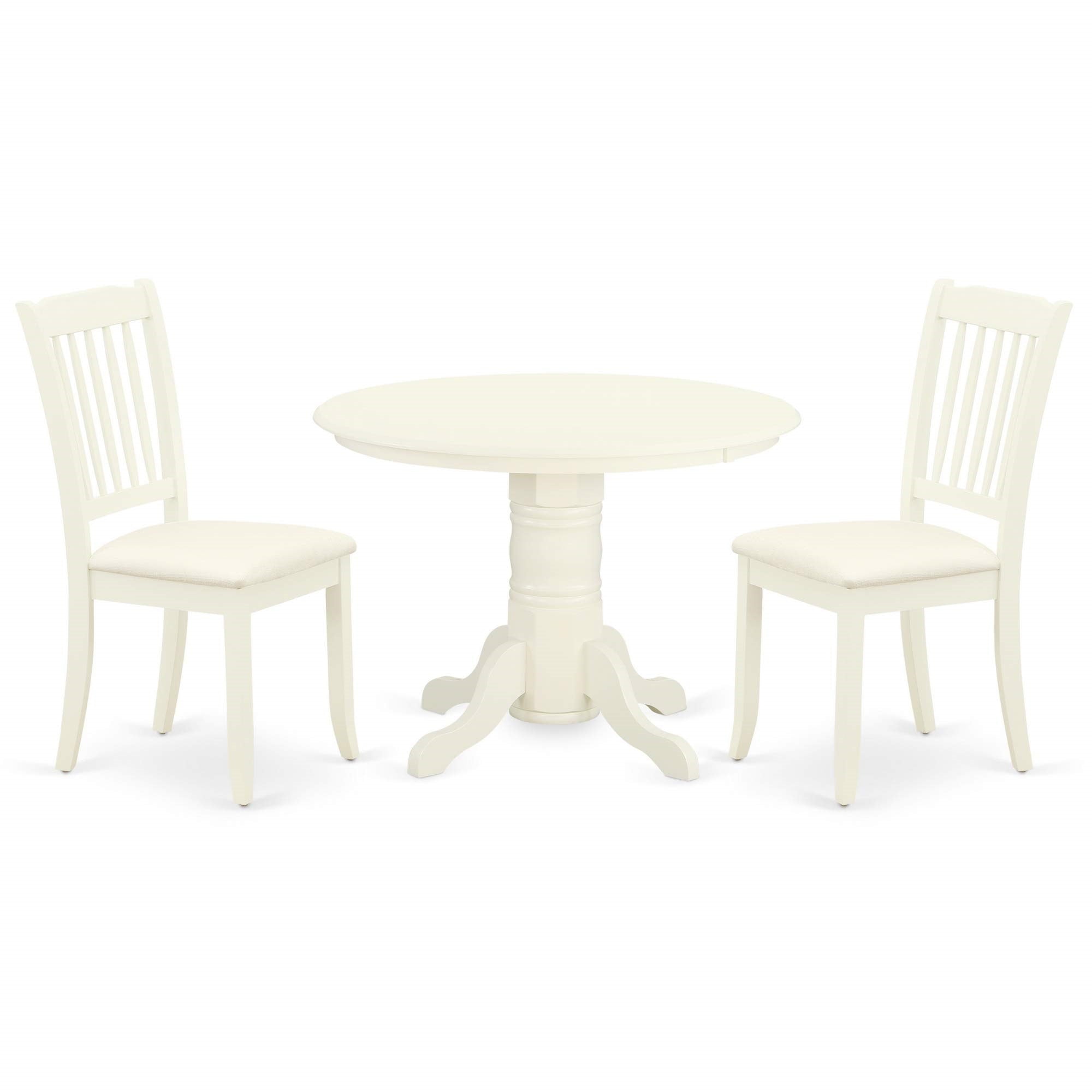 East West Furniture Shda3-Whi-C 3 Piece Room Set Contains A Round Kitchen Table With Pedestal And 2 Linen Fabric Upholstered Dining Chairs, 42X42 Inch