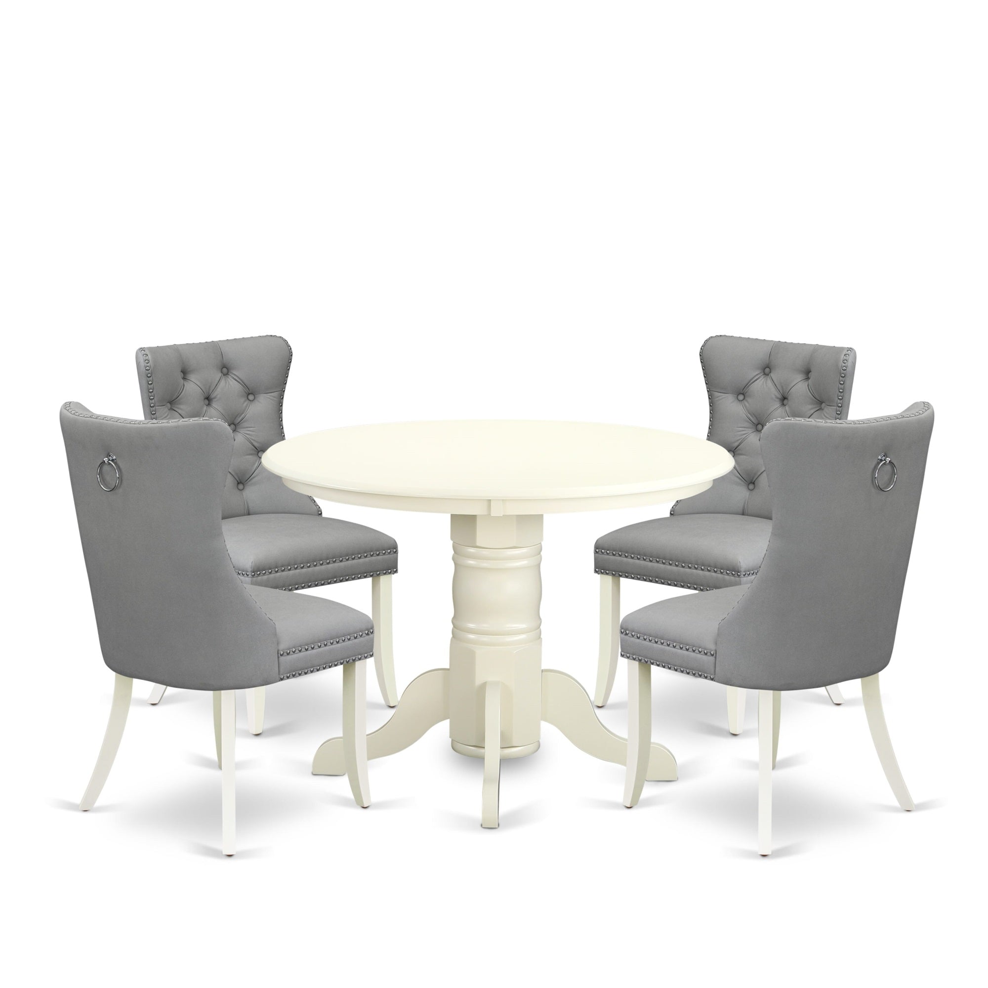East West Furniture Shda5-Whi-27 5 Piece Kitchen Table & Chairs Set Includes A Round Dining Table With Pedestal And 4 Upholstered Chairs, 42X42 Inch, Linen White