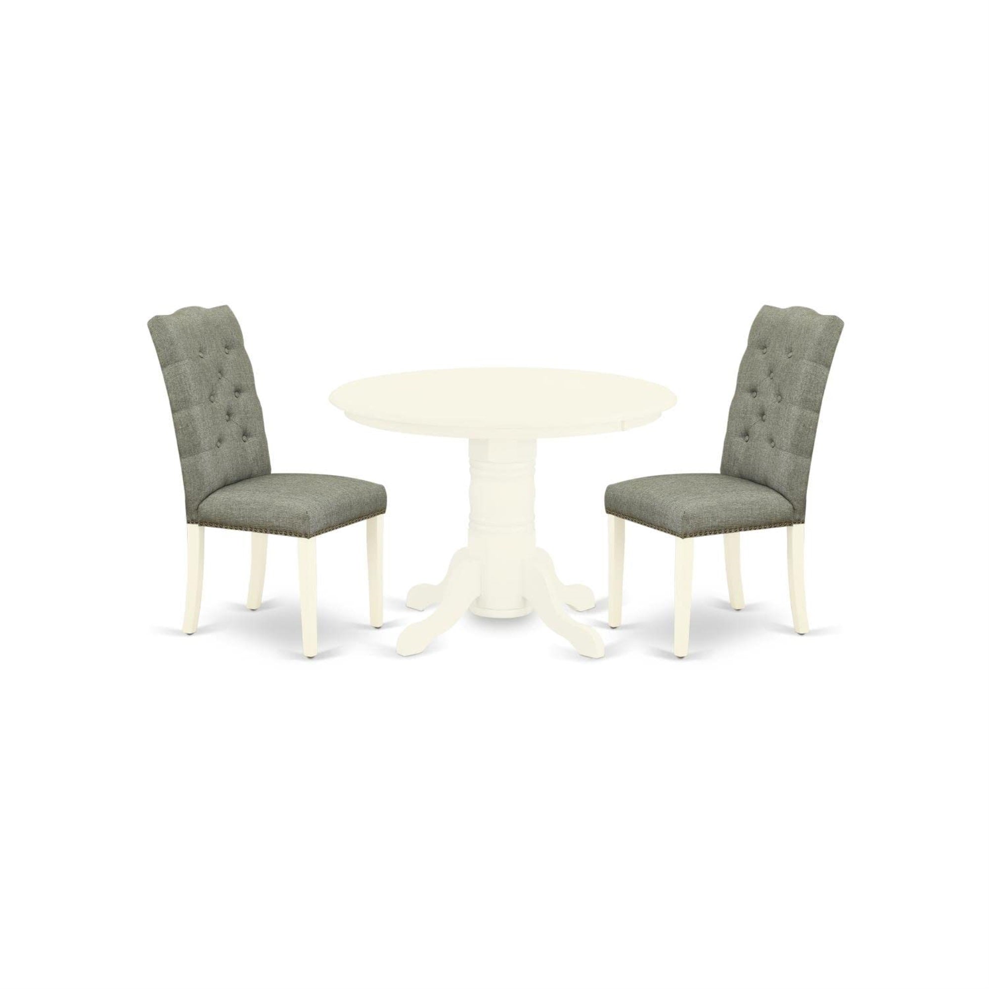 Casafoyer Shelton 3 Piece Modern Dining Set Contains A Round Kitchen Table With Pedestal And 2 Gray Fabric Upholstered Parson Chairs, 42X42 Inch, Linen White