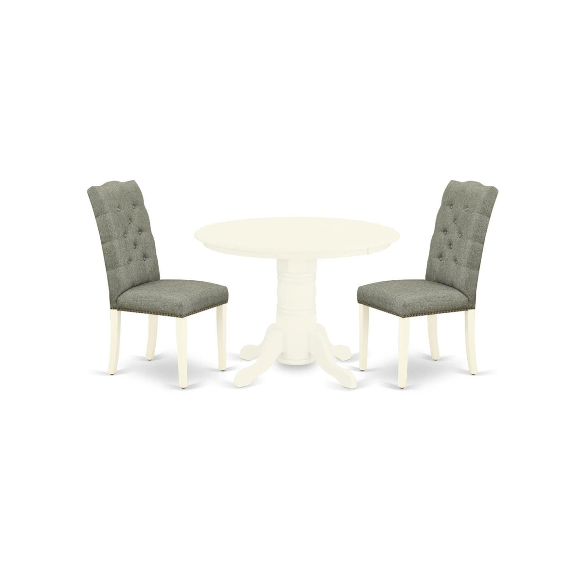 Casafoyer Shelton 3 Piece Modern Dining Set Contains A Round Kitchen Table With Pedestal And 2 Gray Fabric Upholstered Parson Chairs, 42X42 Inch, Linen White