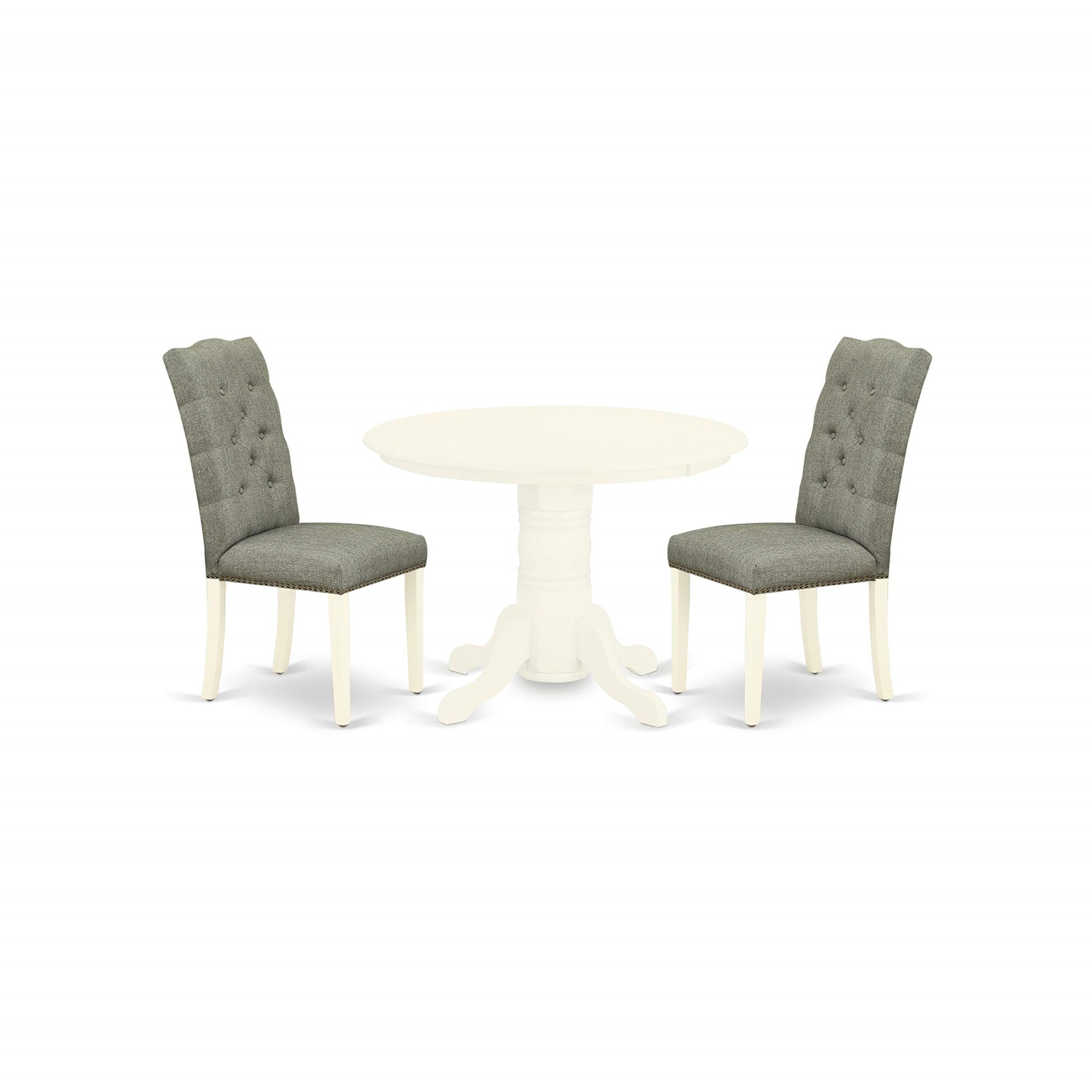 East West Furniture Shel3-Whi-07 3 Piece Modern Dining Set Contains A Round Kitchen Table With Pedestal And 2 Gray Linen Fabric Upholstered Parson Chairs, 42X42 Inch