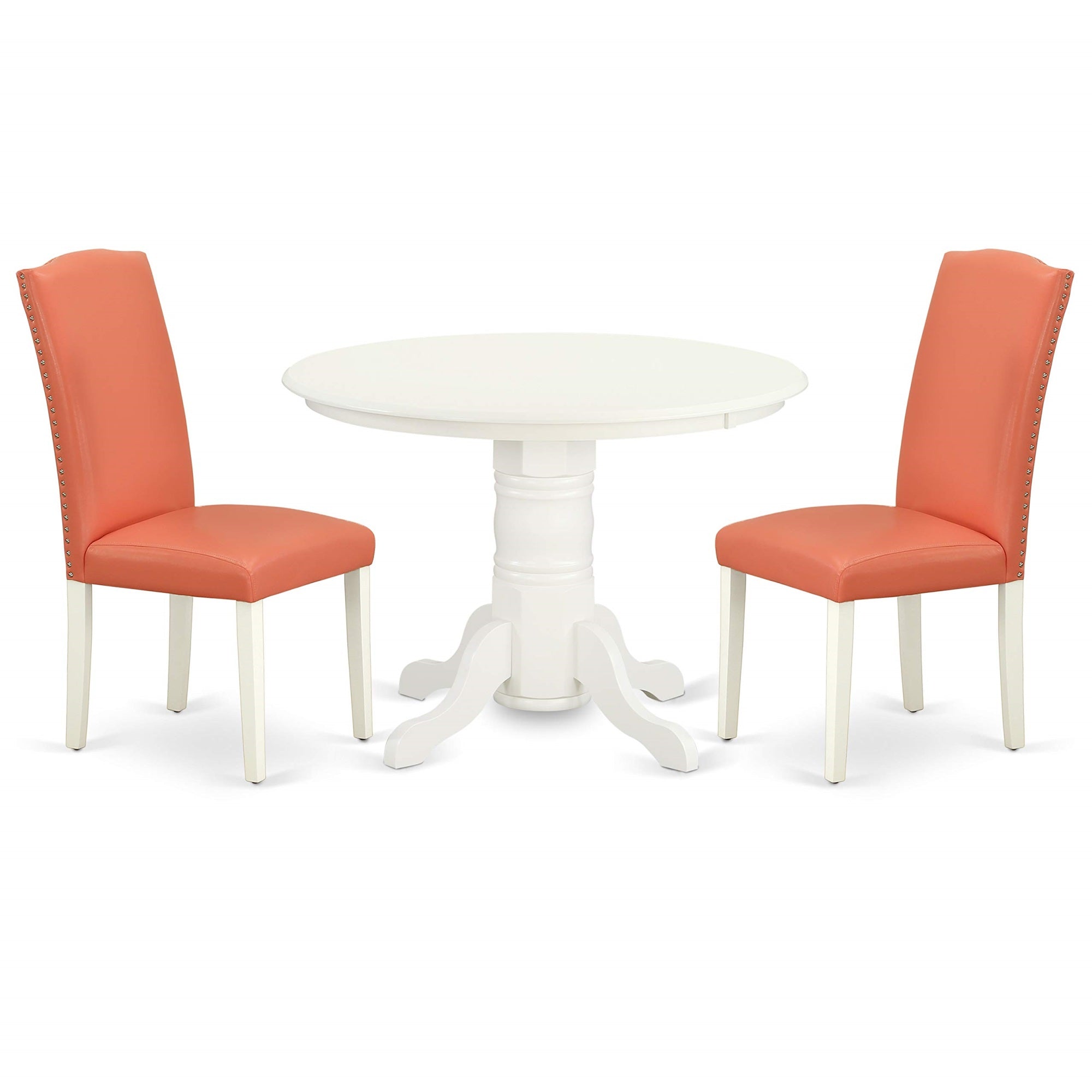 East West Furniture Shen3-Lwh-78 3 Piece Dining Set Contains A Round Kitchen Table With Pedestal And 2 Pink Flamingo Faux Leather Upholstered Chairs, 42X42 Inch
