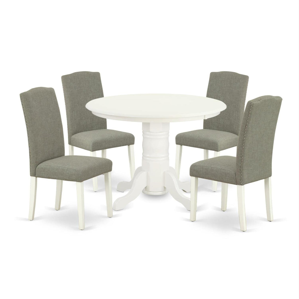 Casafoyer Shen5-Lwh-06 5 Piece Kitchen Set Includes A Round Dining Room Table With Pedestal And 4 Dark Shitake Linen Fabric Upholstered Chairs, 42X42 Inch