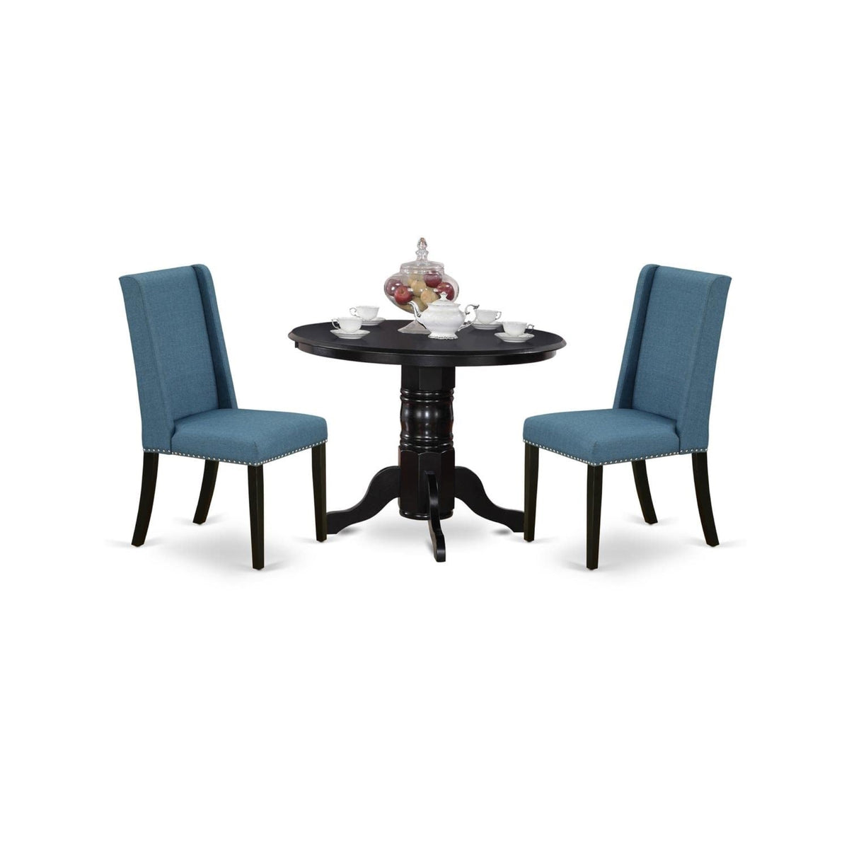 Casafoyer Shfl3-Blk-21 3 Piece Room Set Contains A Round Kitchen Table With Pedestal And 2 Blue Linen Fabric Parsons Dining Chairs, 42X42 Inch