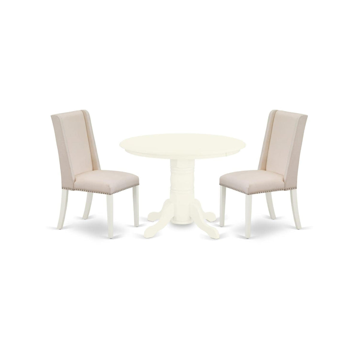 Casafoyer Shfl3-Whi-01 3 Piece Room Set Contains A Round Kitchen Table With Pedestal And 2 Cream Linen Fabric Parson Dining Chairs, 42X42 Inch