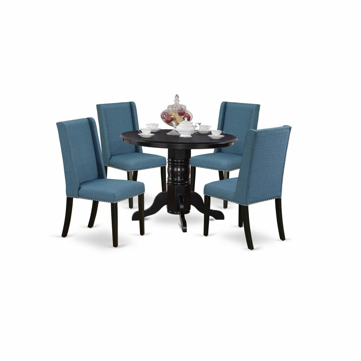 Casafoyer Shfl5-Blk-21 5 Piece Room Set Includes A Round Kitchen Table With Pedestal And 4 Blue Linen Fabric Parson Dining Chairs, 42X42 Inch