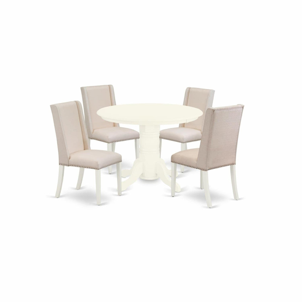Casafoyer Shfl5-Whi-01 5 Piece Dinette Set For 4 Includes A Round Dining Table With Pedestal And 4 Cream Linen Fabric Upholstered Parson Chairs, 42X42 Inch, Linen White