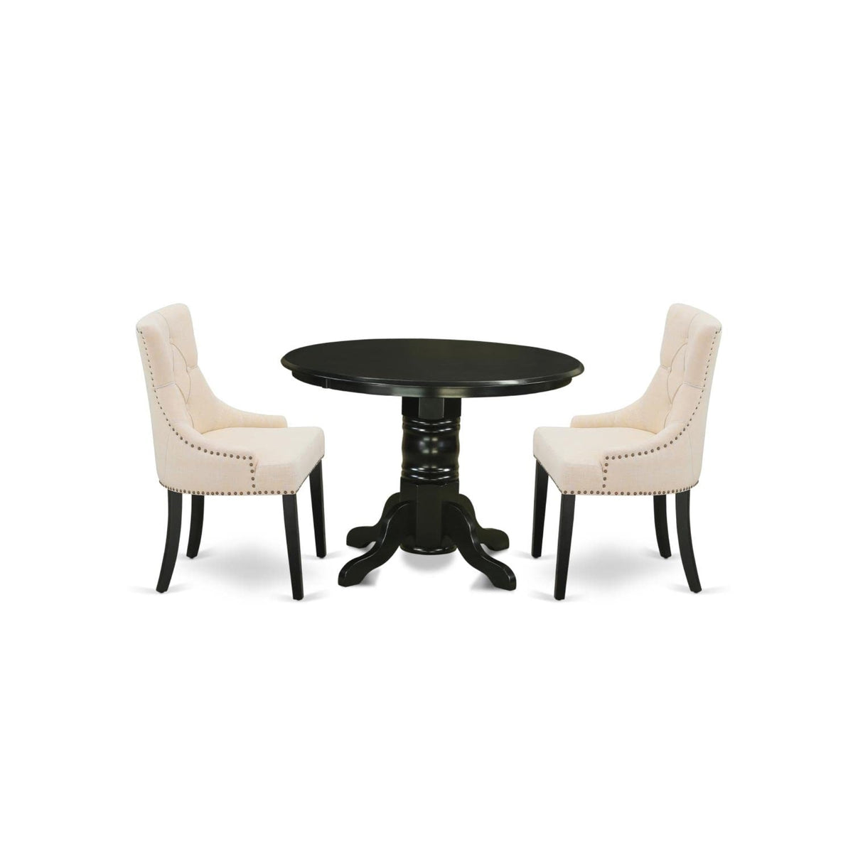 Casafoyer Shfr3-Blk-02 3 Piece Modern Set Contains A Round Kitchen Table With Pedestal And 2 Light Beige Linen Fabric Parson Dining Chairs, 42X42 Inch