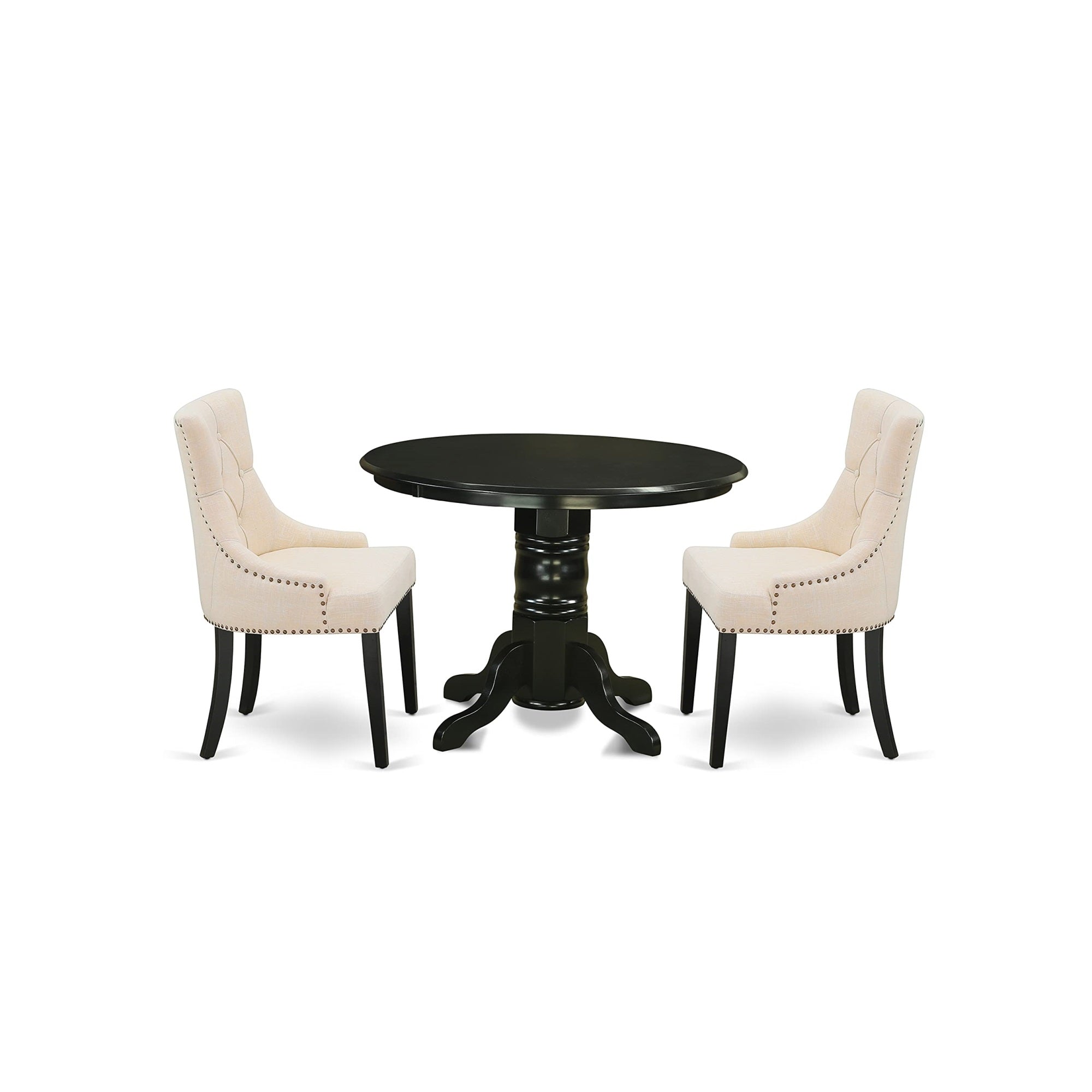East West Furniture Shfr3-Blk-02 3 Piece Modern Set Contains A Round Kitchen Table With Pedestal And 2 Light Beige Linen Fabric Parson Dining Chairs, 42X42 Inch