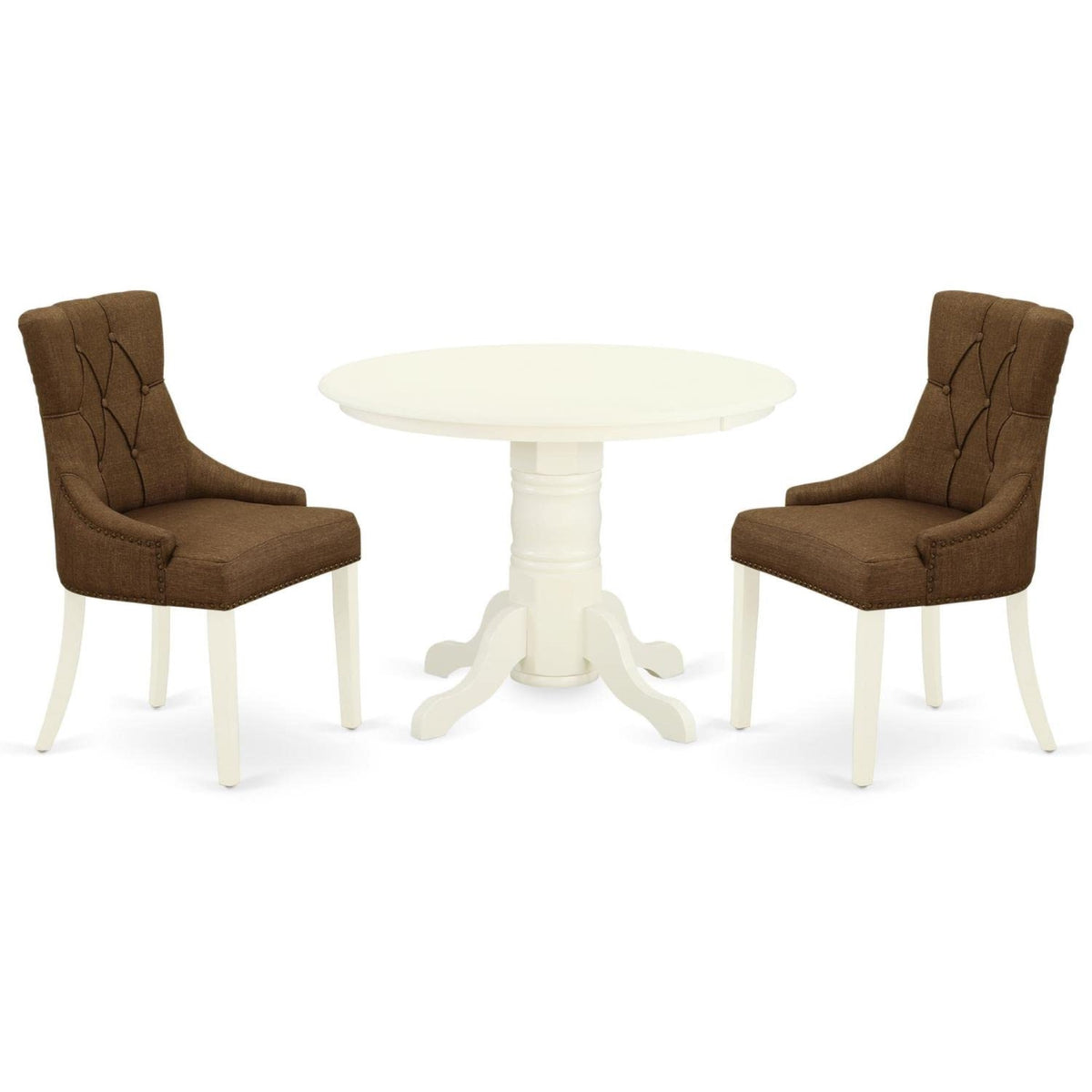 Casafoyer Shfr3-Whi-18 3 Piece Set Contains A Round Dining Room Table With Pedestal And 2 Brown Linen Fabric Parsons Dinette Chairs, 42X42 Inch