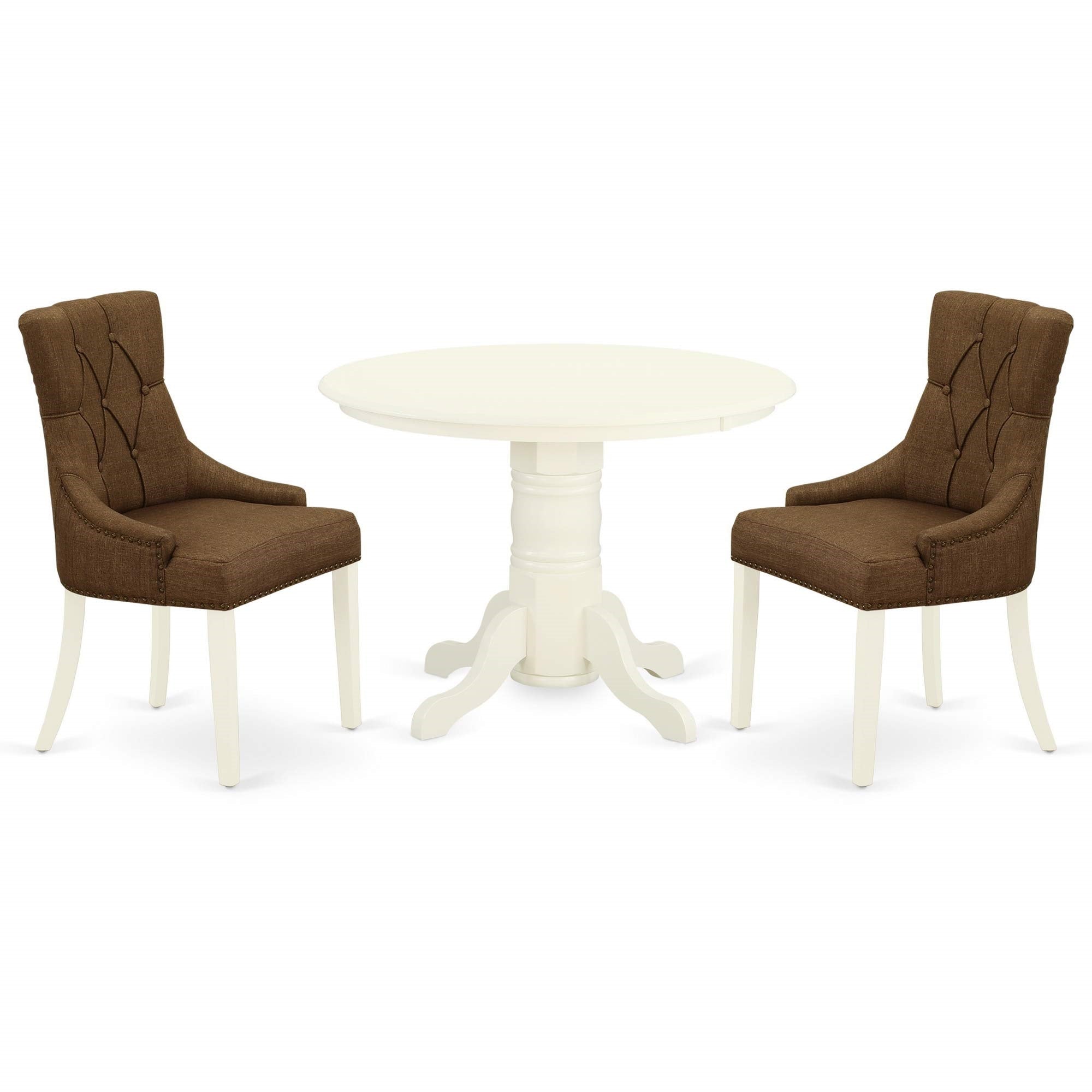 East West Furniture Shfr3-Whi-18 3 Piece Set Contains A Round Dining Room Table With Pedestal And 2 Brown Linen Fabric Parsons Dinette Chairs, 42X42 Inch