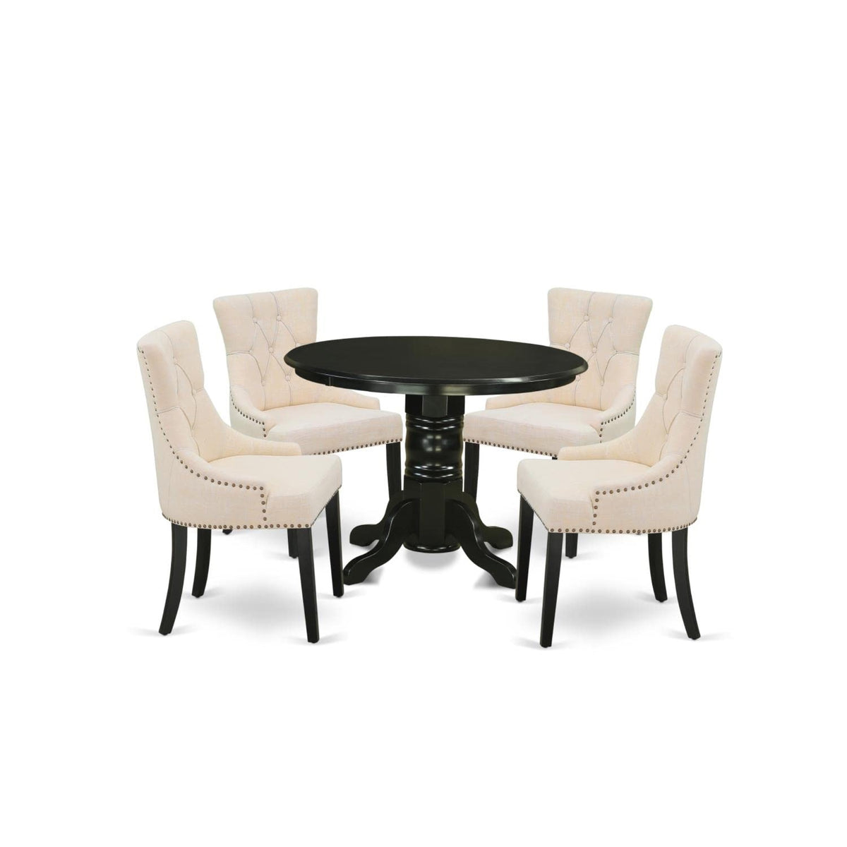 Casafoyer Shfr5-Blk-02 5 Piece Dining Room Set Includes A Round Kitchen Table With Pedestal And 4 Light Beige Linen Fabric Upholstered Chairs, 42X42 Inch