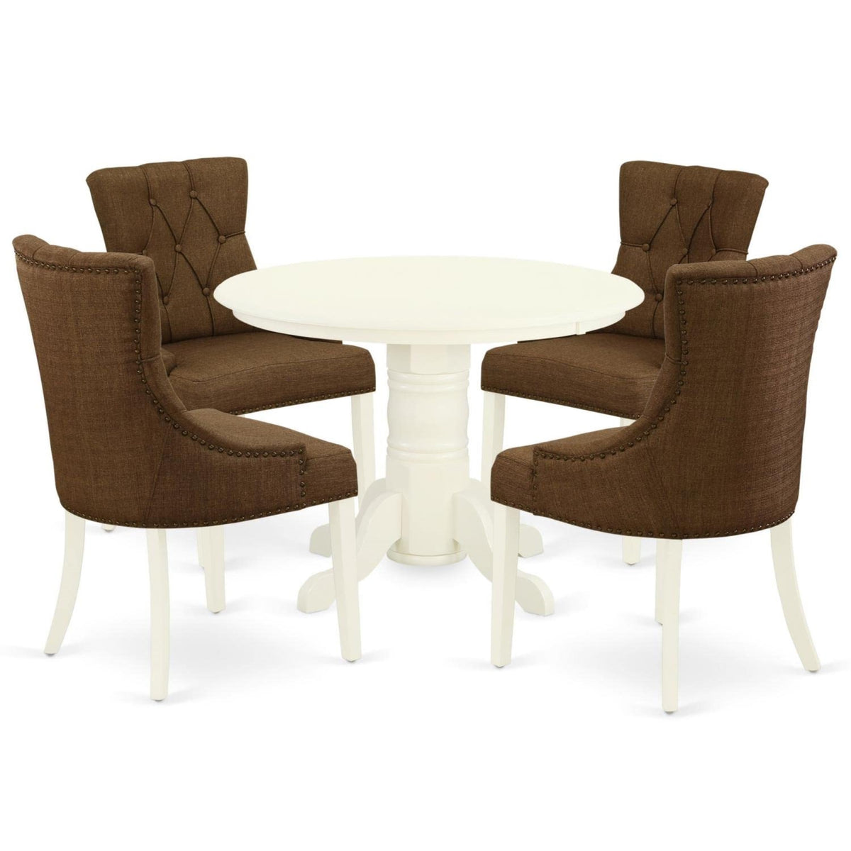 Casafoyer Shfr5-Whi-18 5 Piece Set Includes A Round Dining Room Table With Pedestal And 4 Brown Linen Fabric Parsons Dinette Chairs, 42X42 Inch