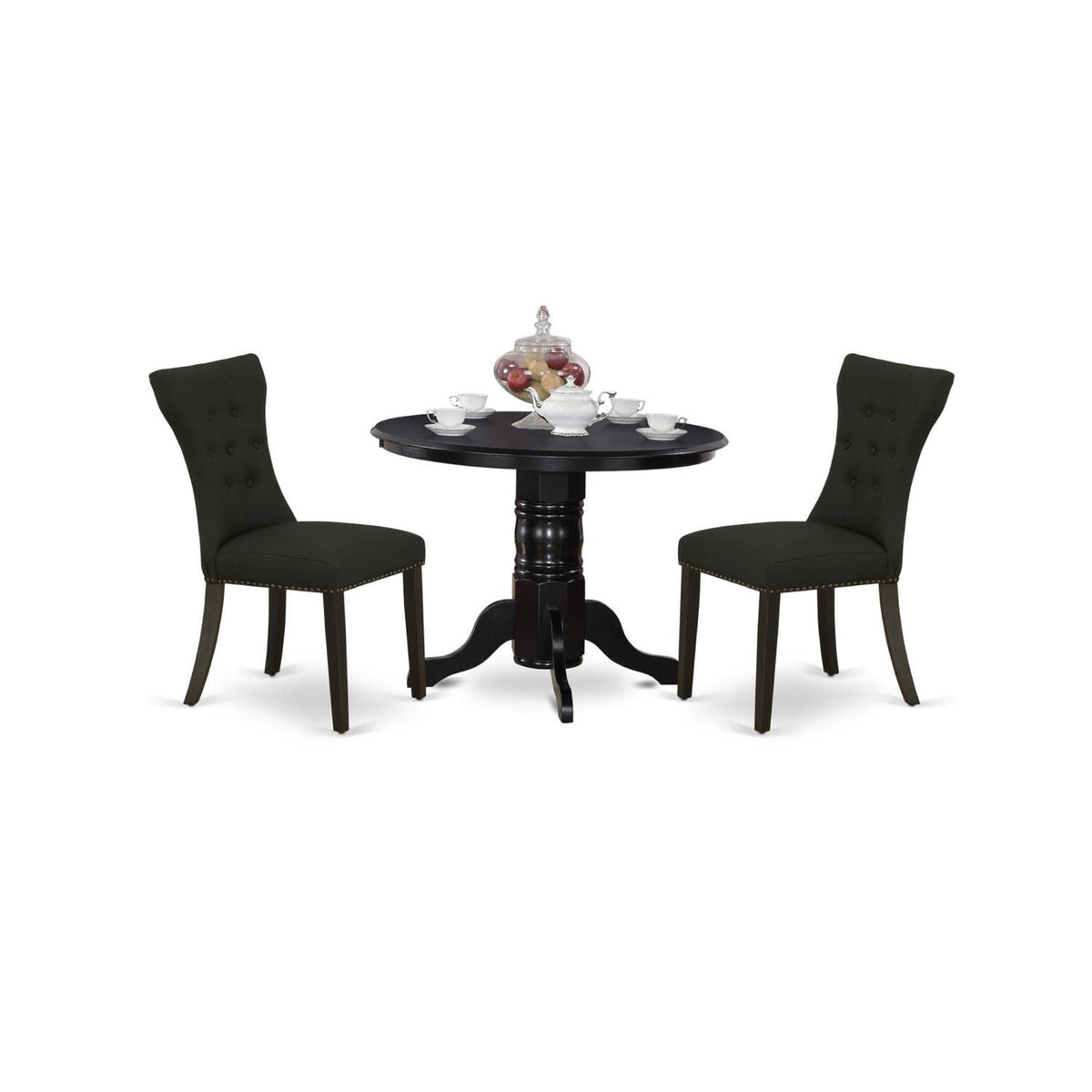 Casafoyer Shga3-Blk-24 3 Piece Kitchen Table Set Contains A Round Dining Room Table With Pedestal And 2 Black Linen Fabric Upholstered Chairs, 42X42 Inch, Black