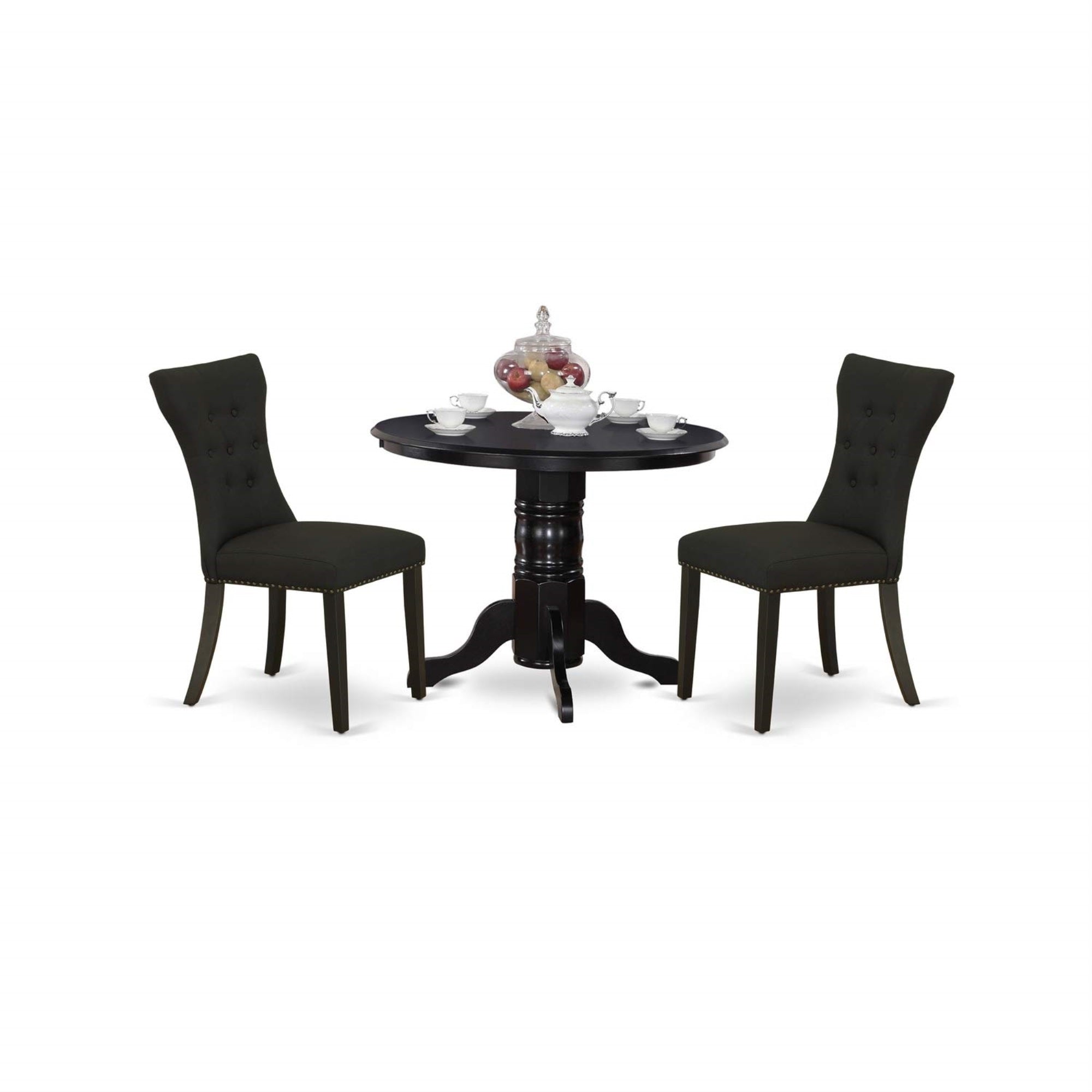 East West Furniture Shga3-Blk-24 3 Piece Kitchen Table Set Contains A Round Dining Room Table With Pedestal And 2 Black Linen Fabric Upholstered Chairs, 42X42 Inch, Black