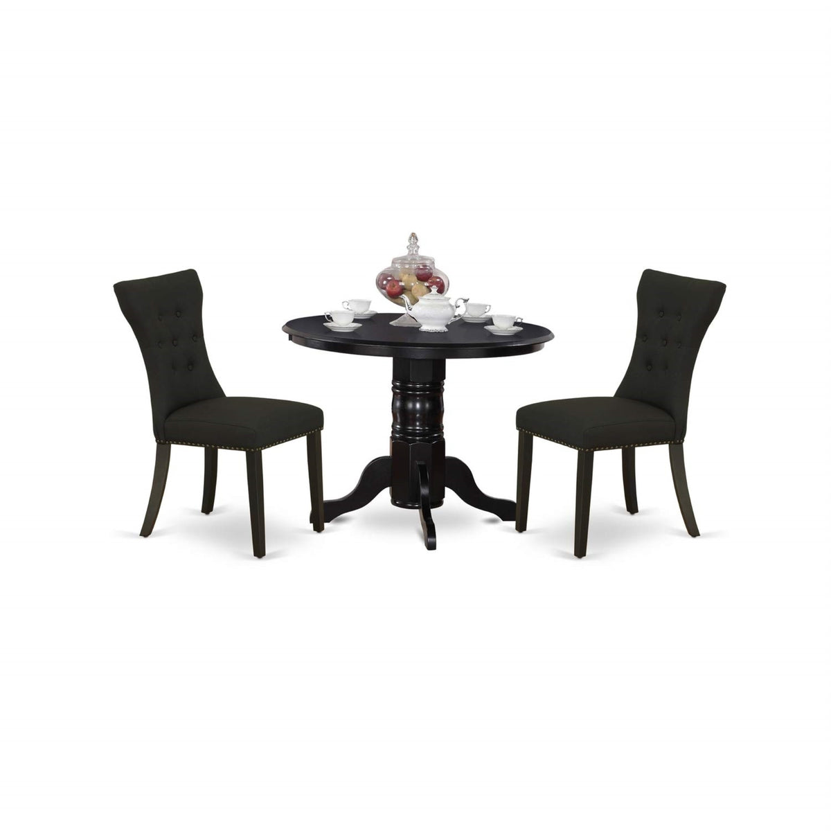 East West Furniture Shga3-Blk-24 3 Piece Kitchen Table Set Contains A Round Dining Room Table With Pedestal And 2 Black Linen Fabric Upholstered Chairs, 42X42 Inch, Black