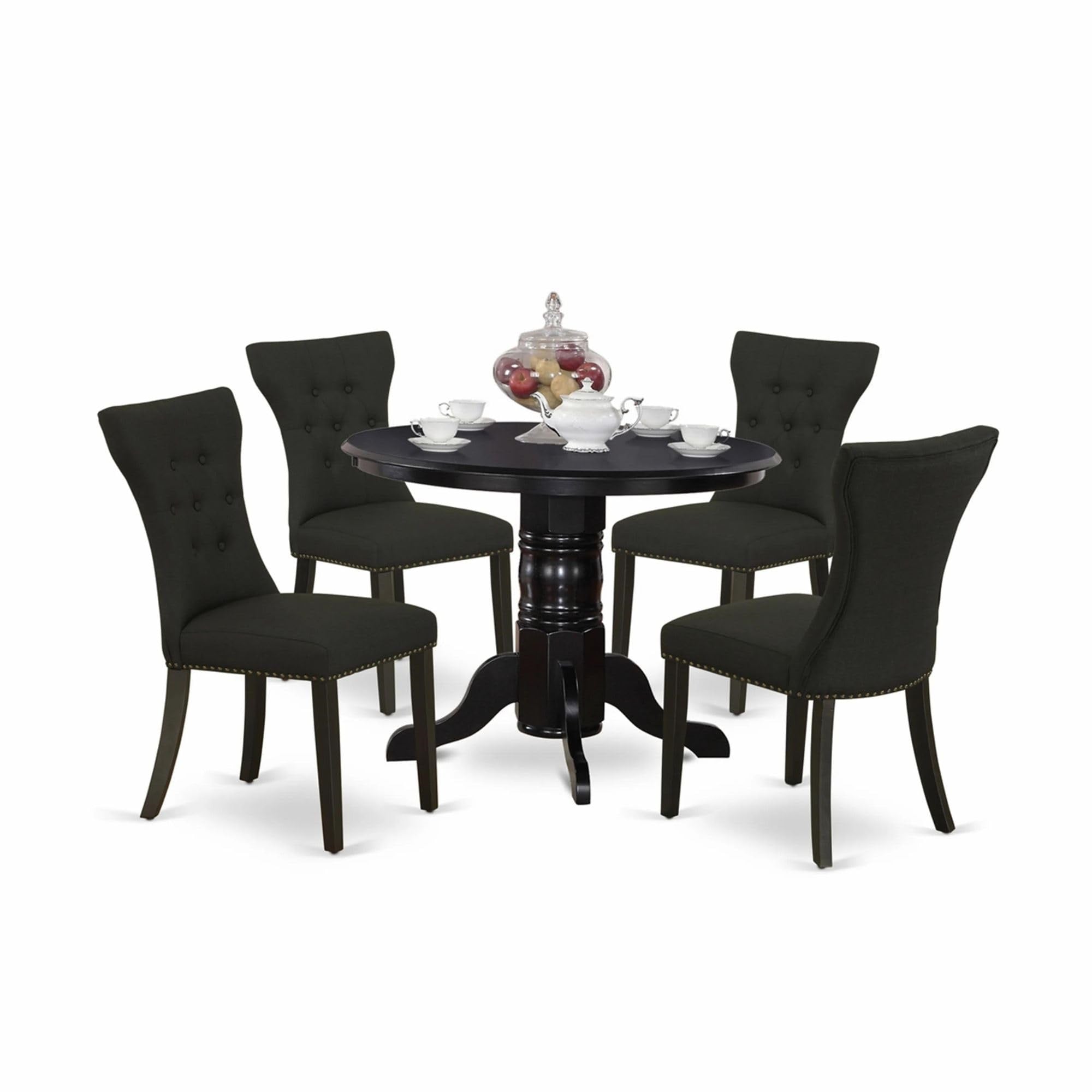 Casafoyer Shga5-Blk-24 5 Piece Dinette Set For 4 Includes A Round Kitchen Table With Pedestal And 4 Black Linen Fabric Upholstered Parson Chairs, 42X42 Inch, Black