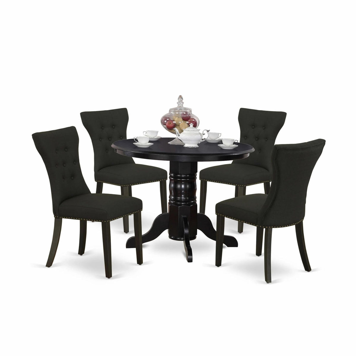 Casafoyer Shga5-Blk-24 5 Piece Dinette Set For 4 Includes A Round Kitchen Table With Pedestal And 4 Black Linen Fabric Upholstered Parson Chairs, 42X42 Inch, Black