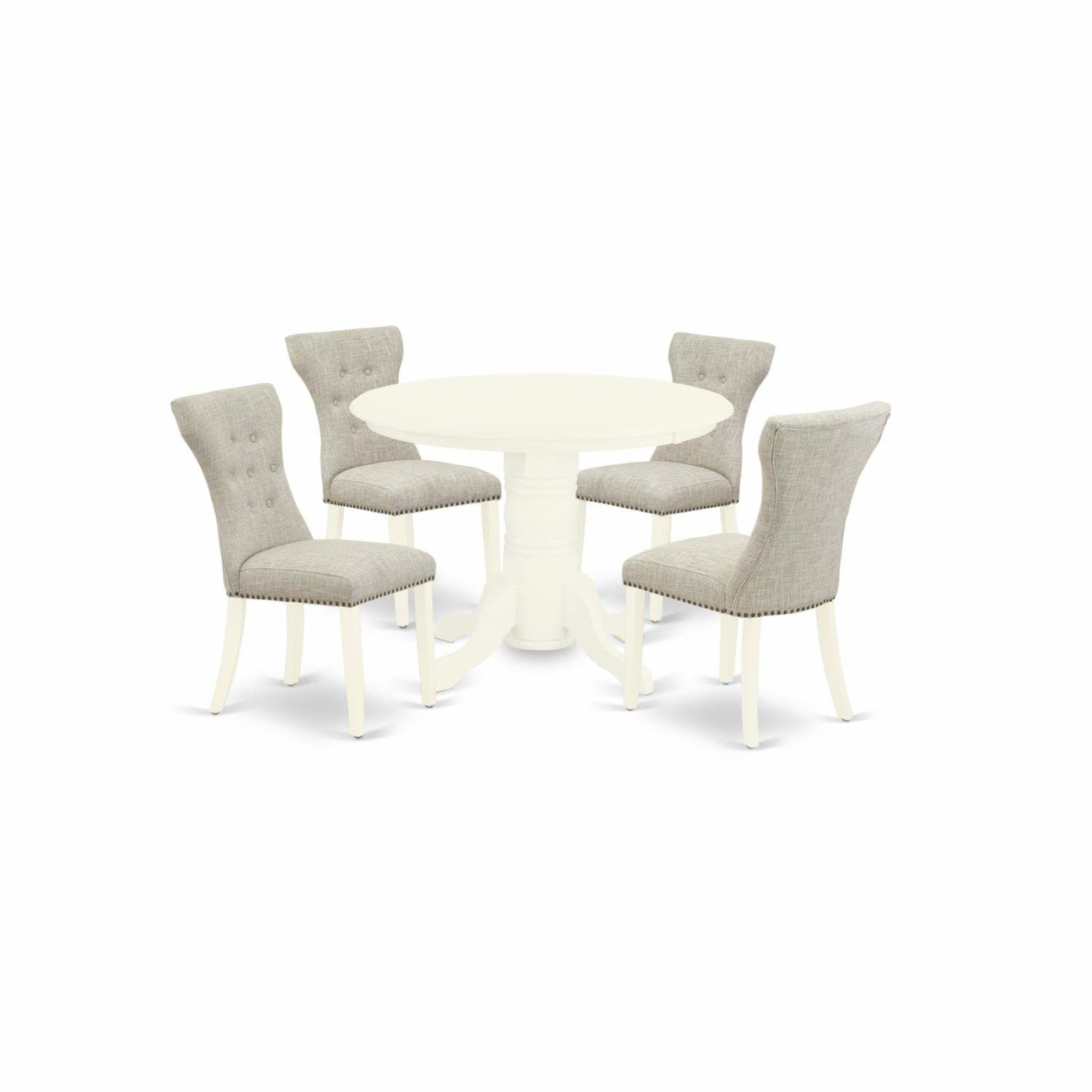 Casafoyer Shga5-Whi-35 5 Piece Dining Room Table Set Includes A Round Wooden Table With Pedestal And 4 Doeskin Linen Fabric Upholstered Parson Chairs, 42X42 Inch, Linen White