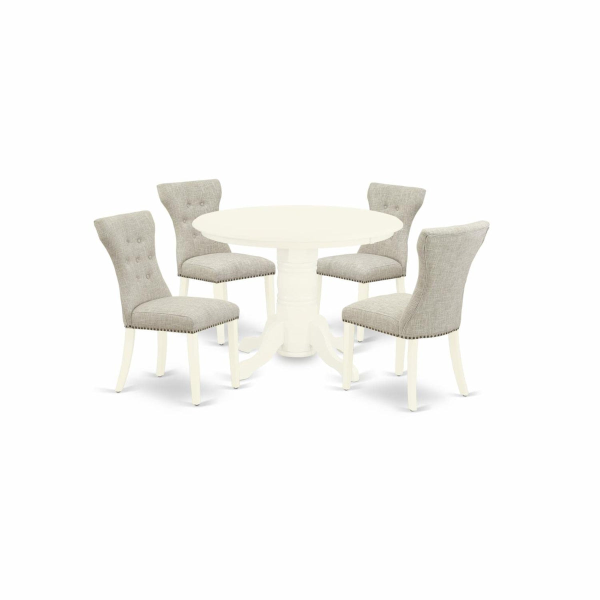 Casafoyer Shga5-Whi-35 5 Piece Dining Room Table Set Includes A Round Wooden Table With Pedestal And 4 Doeskin Linen Fabric Upholstered Parson Chairs, 42X42 Inch, Linen White