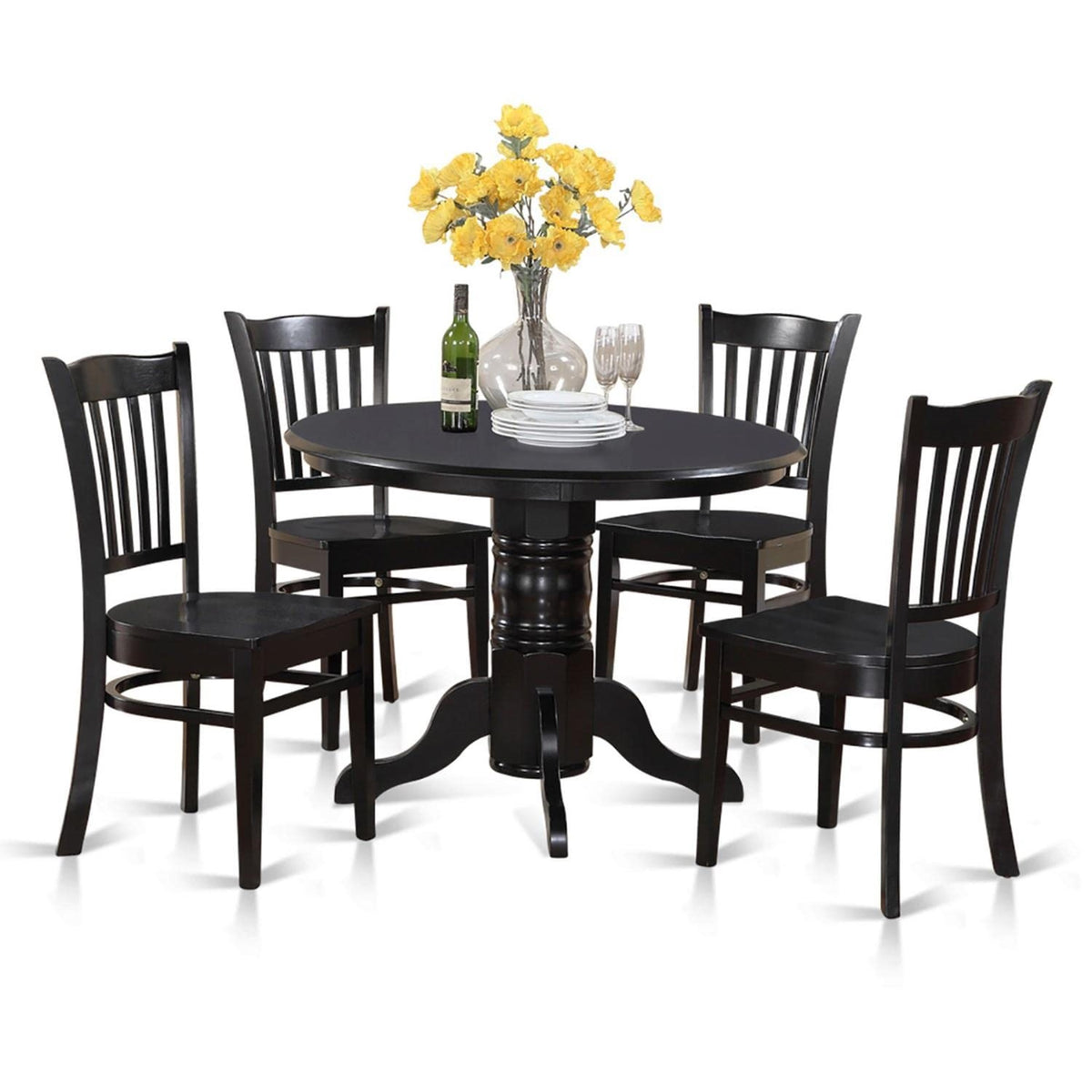 Casafoyer Shelton 5 Piece Dinette Set For 4 Includes A Round Kitchen Table With Pedestal And 4 Dining Chairs, 42X42 Inch, Black