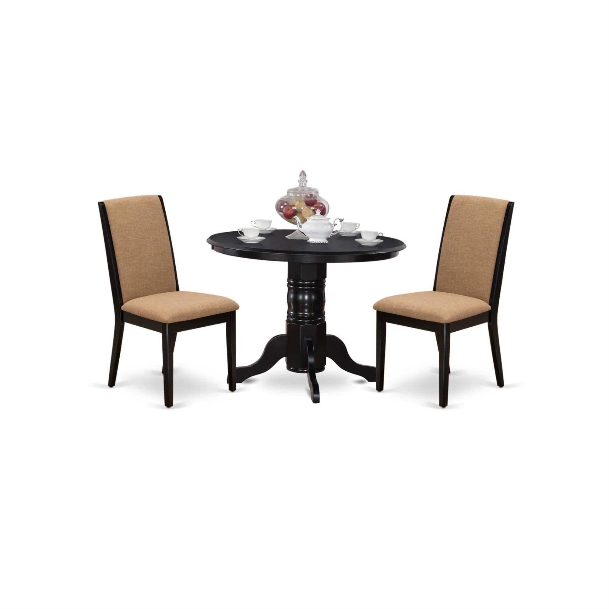 Casafoyer Shla3-Blk-47 3 Piece Modern Dining Table Set Contains A Round Kitchen Table With Pedestal And 2 Light Sable Linen Fabric Parson Dining Chairs, 42X42 Inch, Black