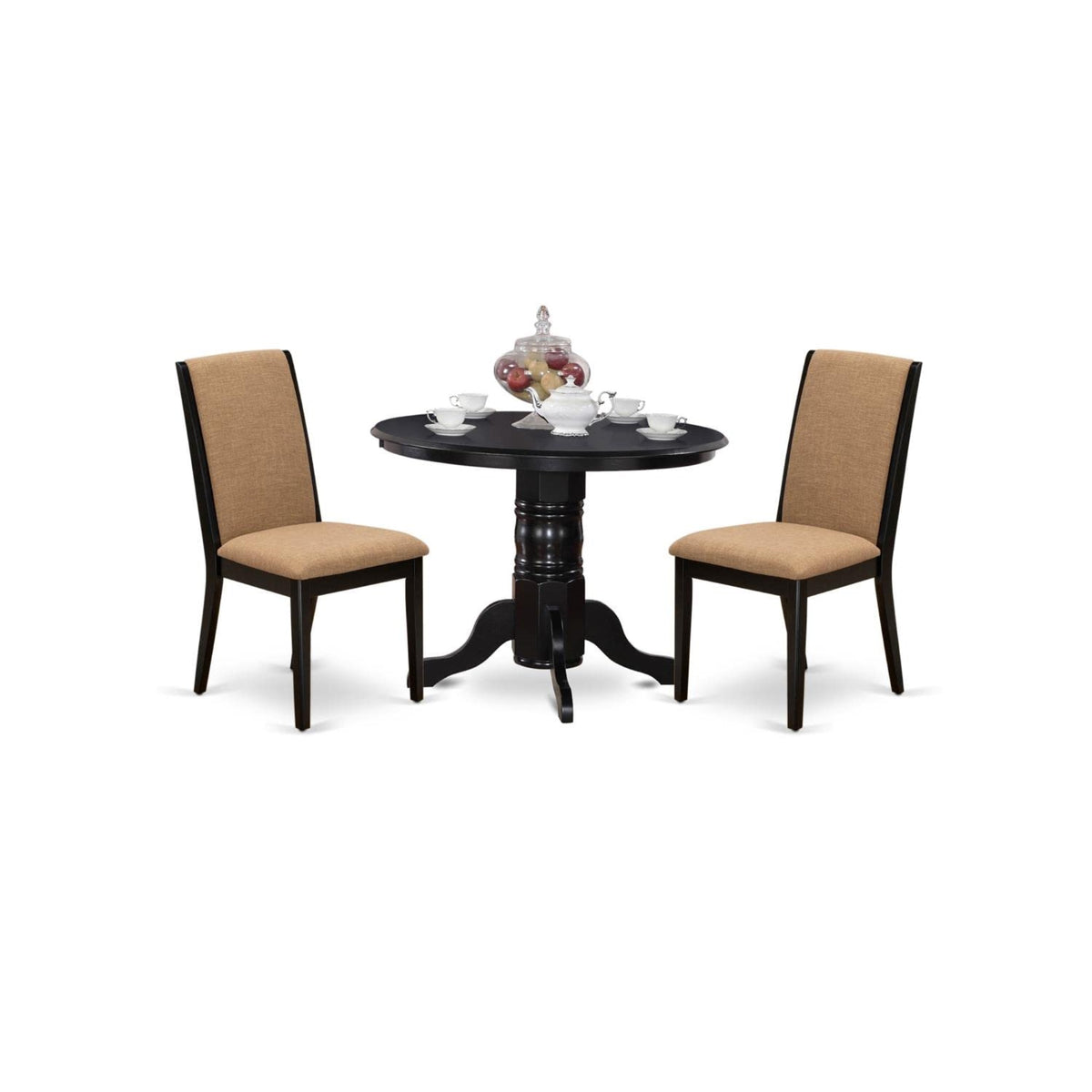 Casafoyer Shla3-Blk-47 3 Piece Modern Dining Table Set Contains A Round Kitchen Table With Pedestal And 2 Light Sable Linen Fabric Parson Dining Chairs, 42X42 Inch, Black