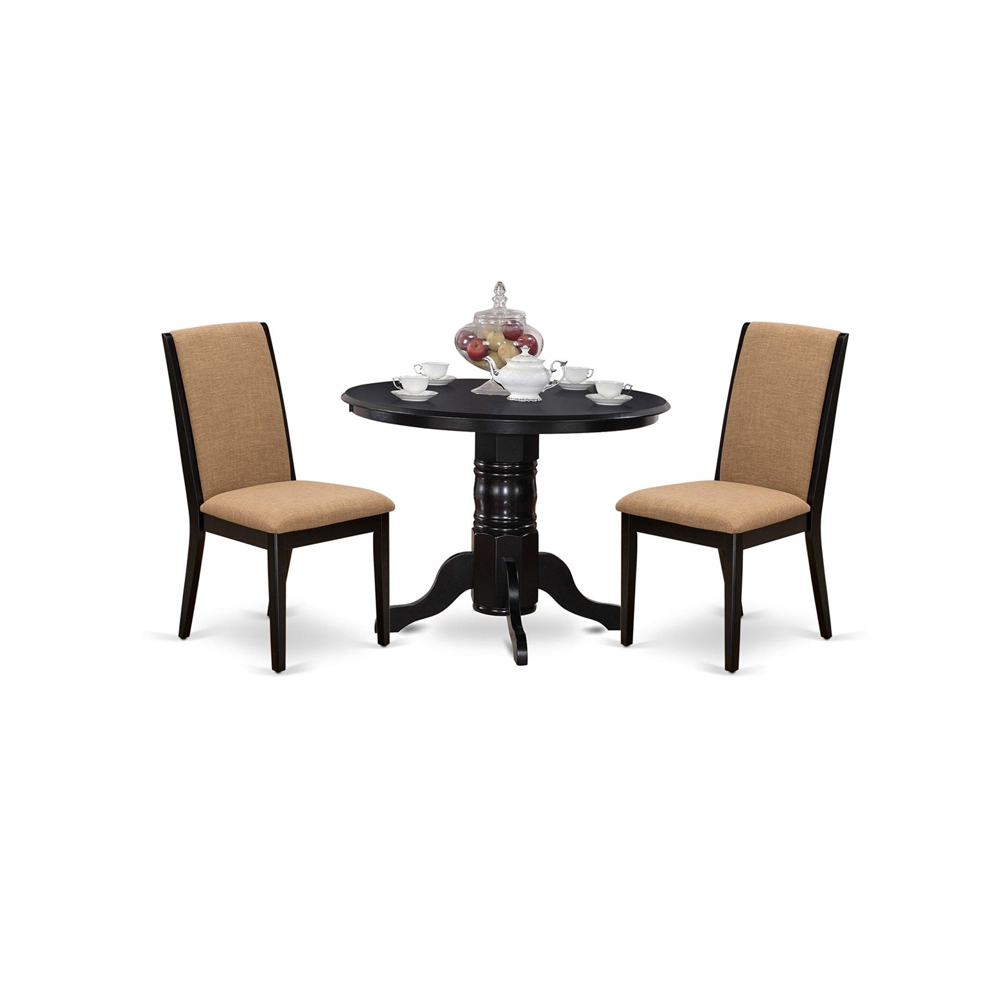 East West Furniture Shla3-Blk-47 3 Piece Modern Set Contains A Round Kitchen Table With Pedestal And 2 Light Sable Linen Fabric Parson Dining Chairs, 42X42 Inch