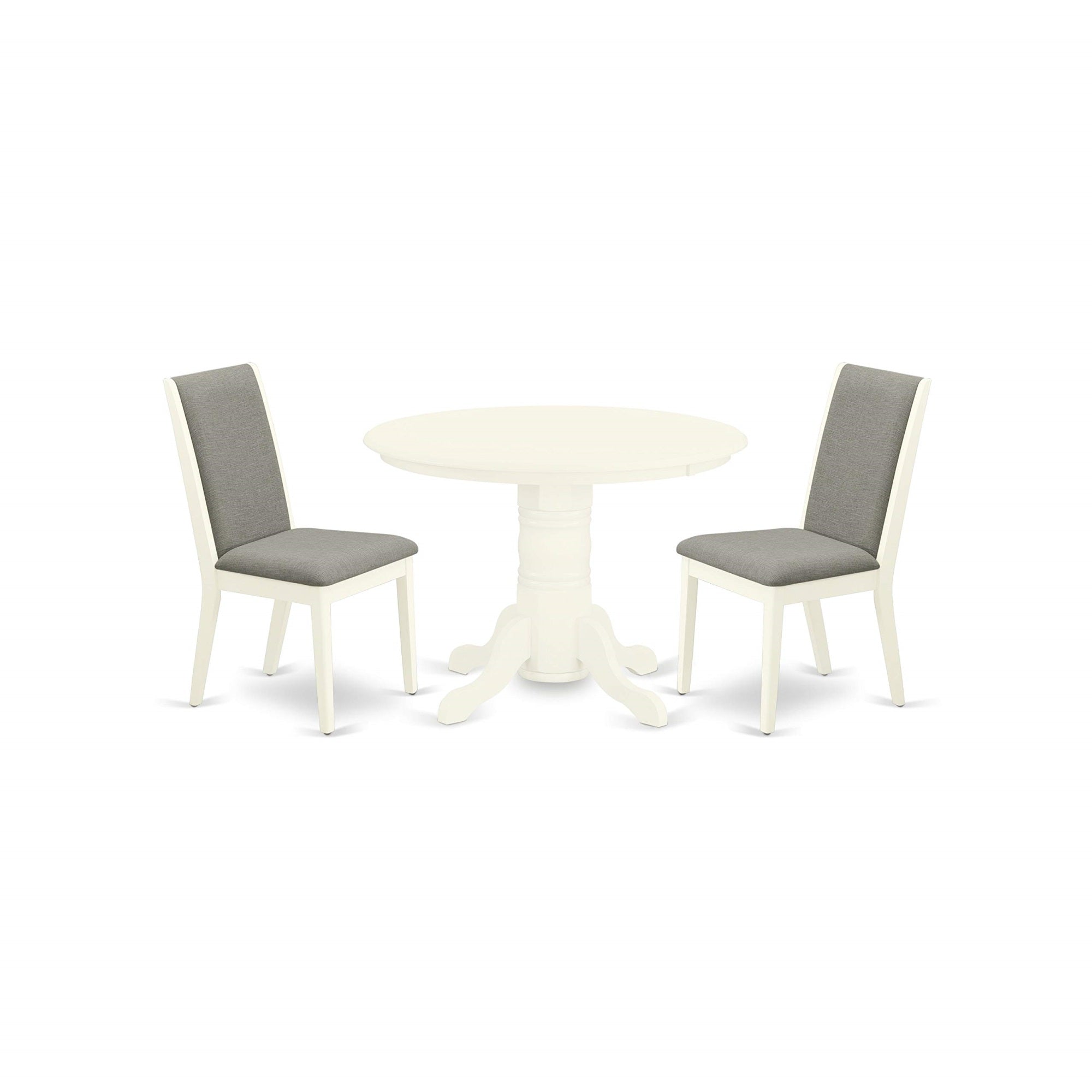 East West Furniture Shla3-Whi-06 3 Piece Dining Set For Small Spaces Contains A Round Kitchen Table With Pedestal And 2 Shitake Linen Fabric Upholstered Chairs, 42X42 Inch