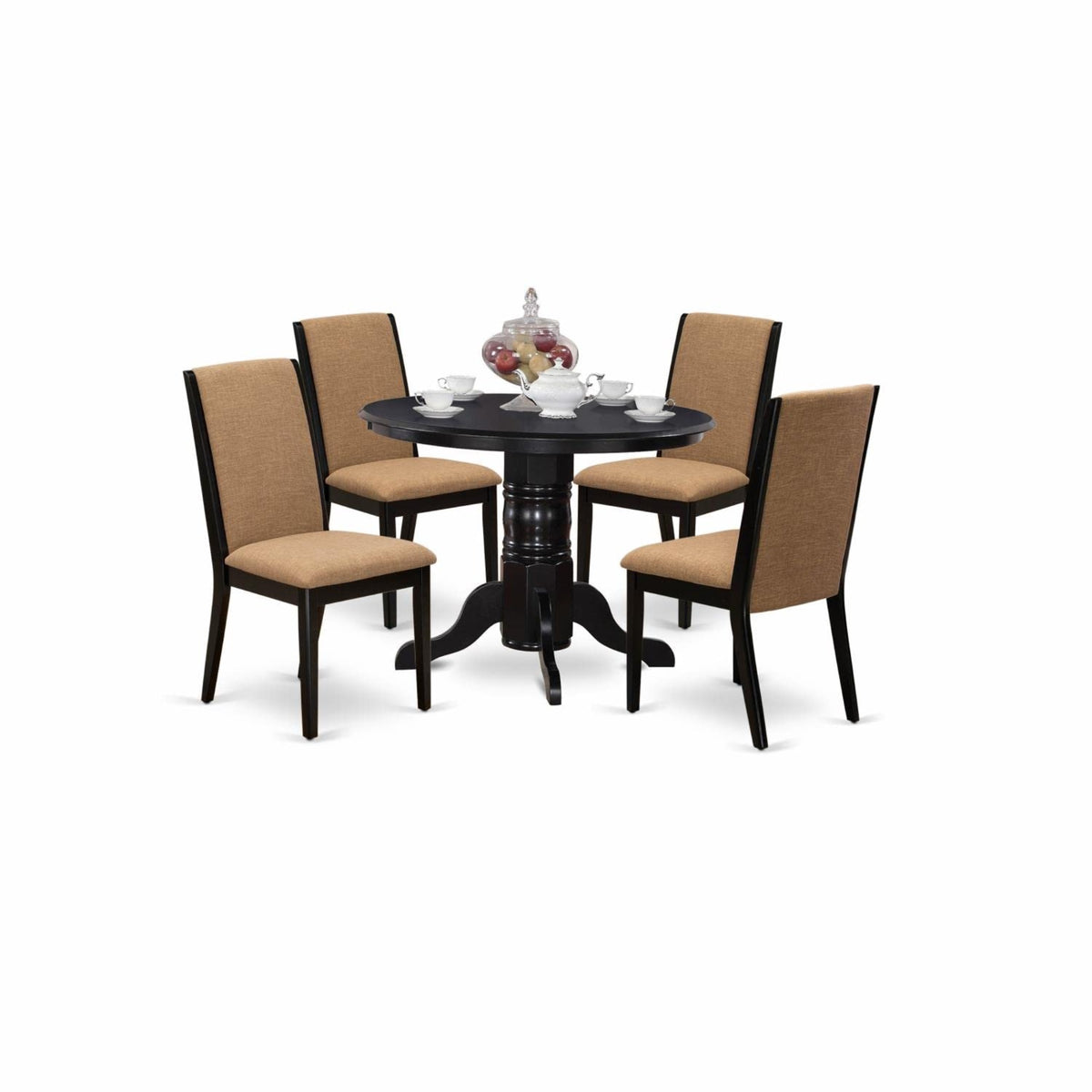 Casafoyer Shla5-Blk-47 5 Piece Set Includes A Round Dining Room Table With Pedestal And 4 Light Sable Linen Fabric Upholstered Chairs, 42X42 Inch