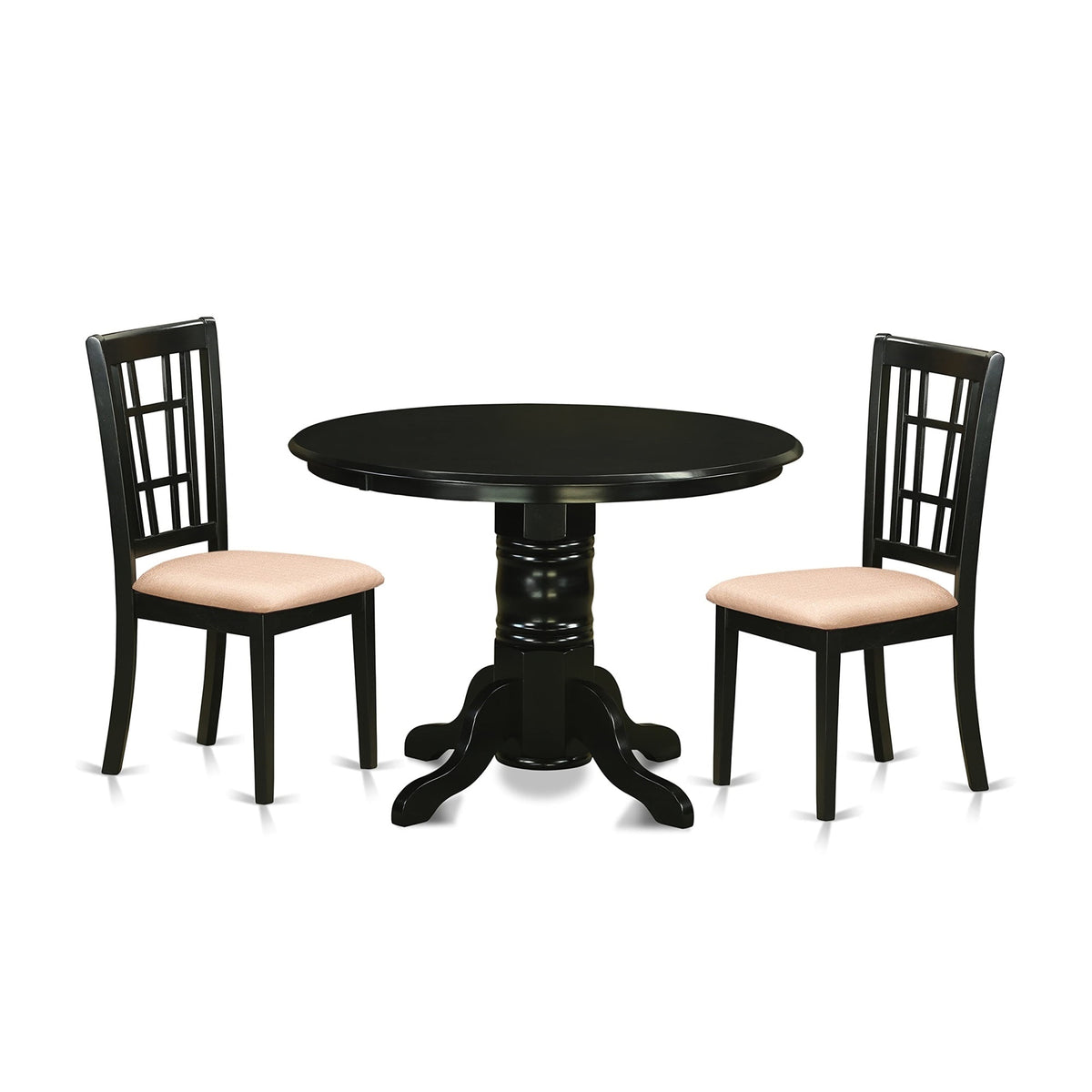 Casafoyer Shni3-Blk-C 3 Piece Dining Set For Small Spaces Contains A Round Kitchen Table With Pedestal And 2 Linen Fabric Upholstered Chairs, 42X42 Inch
