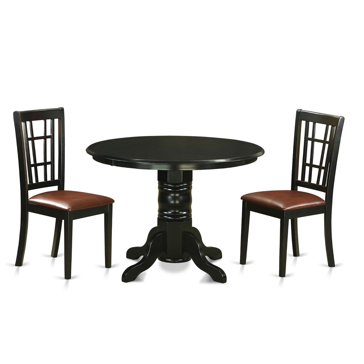 East West Furniture Shni3-Blk-Lc 3 Piece Kitchen Set For Small Spaces Contains A Round Table With Pedestal And 2 Faux Leather Dining Room Chairs, 42X42 Inch