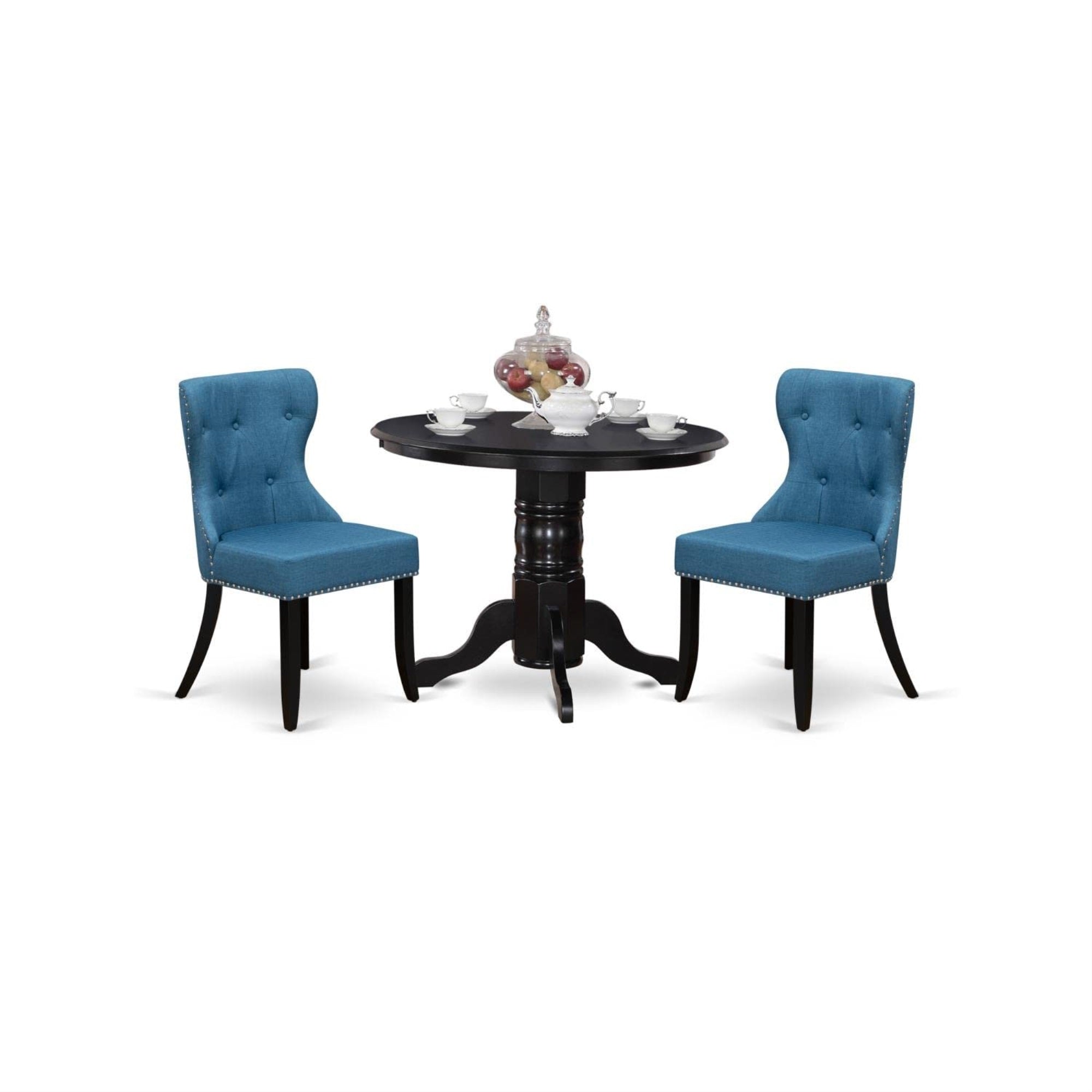 Casafoyer Shsi3-Blk-21 3 Piece Kitchen Table Set For Small Spaces Contains A Round Dining Table With Pedestal And 2 Blue Linen Fabric Parson Chairs, 42X42 Inch, Black