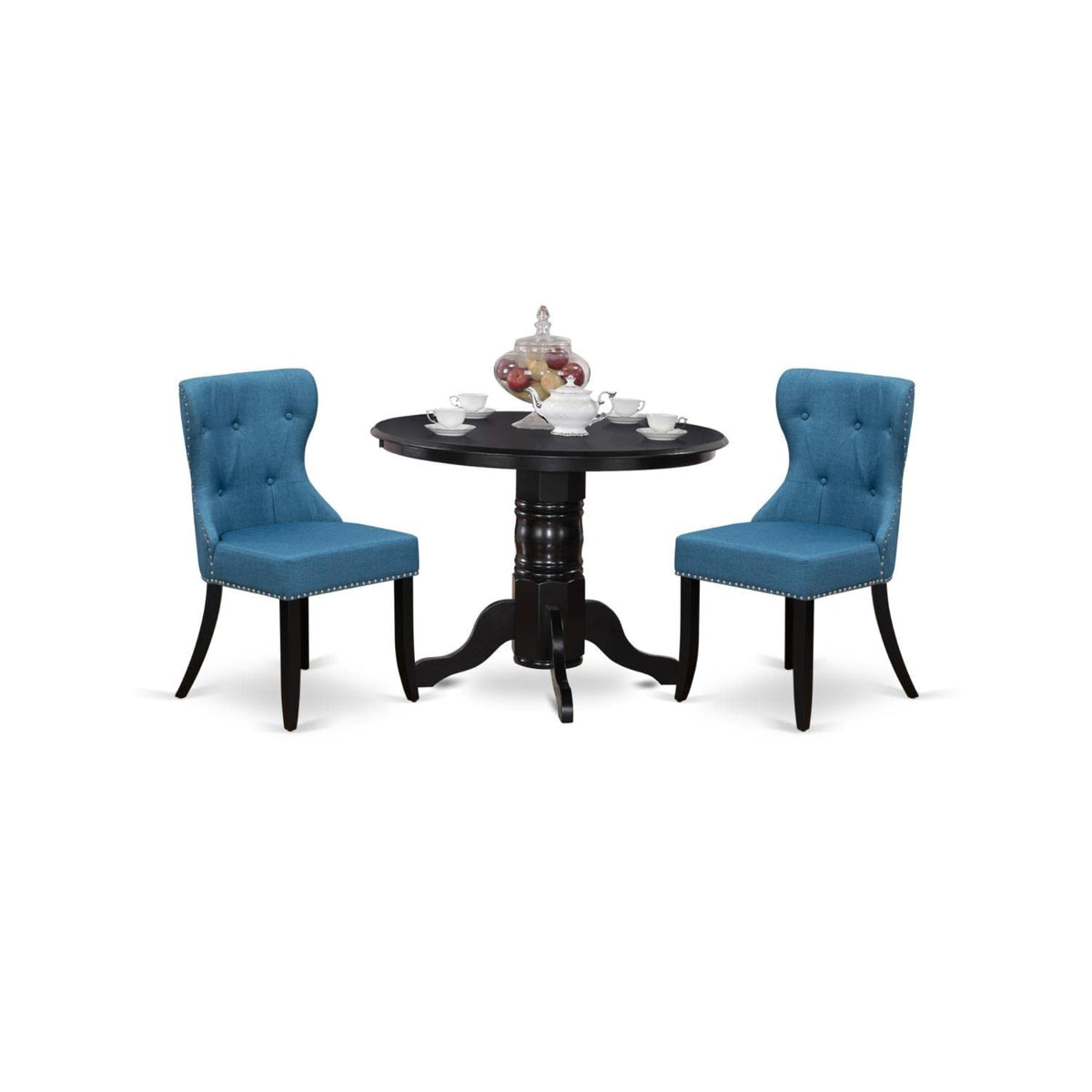 Casafoyer Shsi3-Blk-21 3 Piece Kitchen Table Set For Small Spaces Contains A Round Dining Table With Pedestal And 2 Blue Linen Fabric Parson Chairs, 42X42 Inch, Black